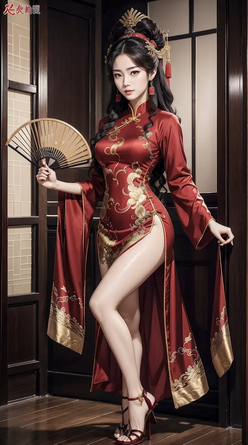 I am Yang Guifei, 25 years old.、A timeless beauty with great style、Longhaire、Hair is wavy、Well-proportioned slim muscular body、wearing a chinese dress、Have a fan、I'm wearing pin heels