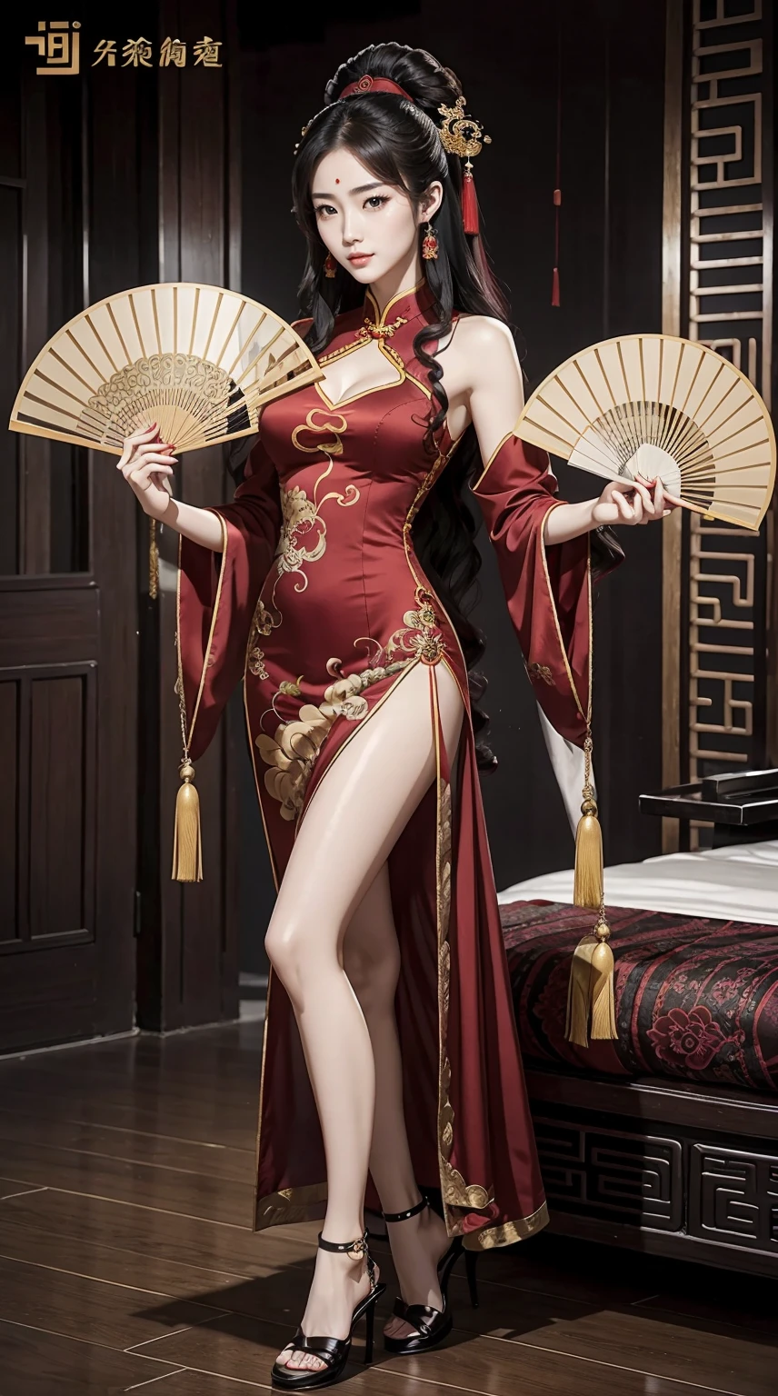 primitive,tmasterpiece,ultra fine photos,best qualtiy,超高分辨率,Photoreality,rays of sunshine,full-body portraits,stunningly beautiful,,dynamicposes,delicated face,Vibrant eyes,(seen from the side),Red cheongsam,Delicate cheongsam,cropped shoulders,Delicate head flower,full bodyesbian:1,stand posture,very highly detailed background,detailed face with,Detailed and complex busy background,Untidy,opulent,Highly detailed skin,Realistic details of skin,Visible Pore,tack sharp focus,volume fog,8K UHD,digital SLR camera,high qulity,filmgrain,White skin of the,photo-realism,DL,Huge metropolis in a dystopia of the future , look from down, semi transparent