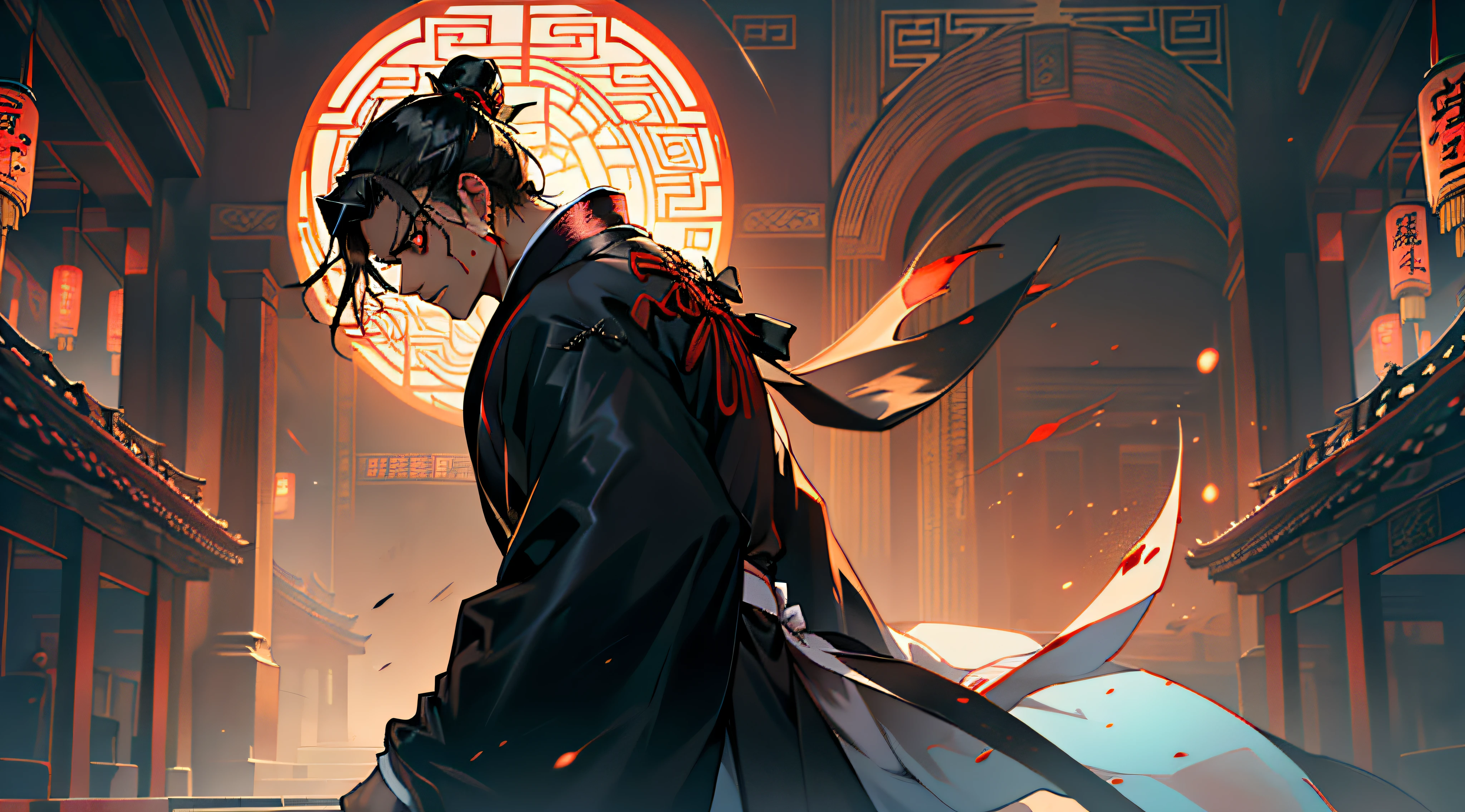 17, (1 persons) (Boy, (((Black coat))), ((Jeunesse Hanfu Noir)), (((A dark-haired))), air royal, magnifica, goodlooking, Extraordinary temperament, current, angry blood red eyes) (Background: Inside the sacred and beautiful former Chinese imperial palace).Focus on the face、high-level image quality、8K