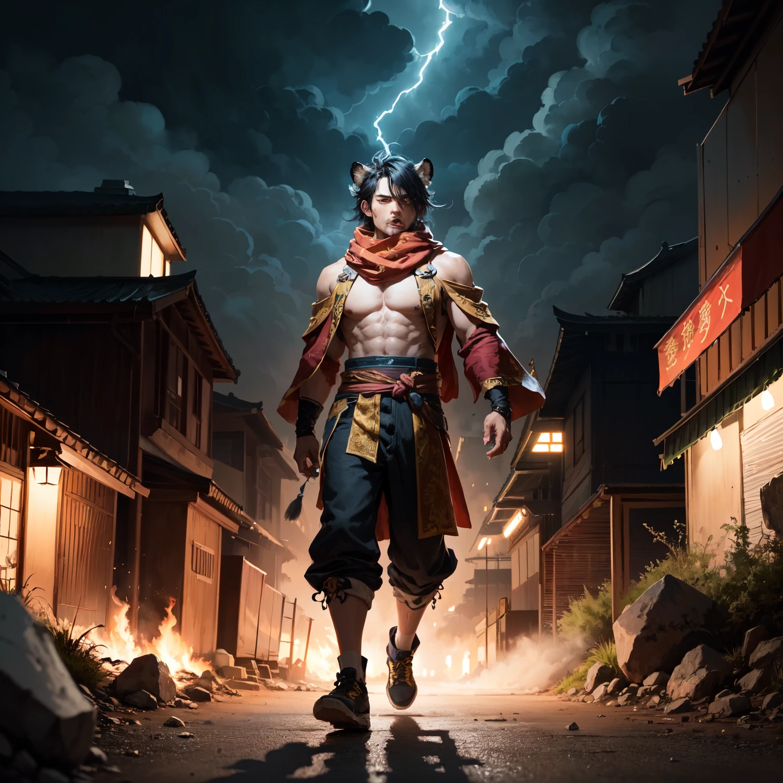 Night Tiger Demon 32K，Phoenix Immortal Demon Realm, Chance encounter with Liu Hanshu, He saw in him his former self, It was decided to take him as an apprentice, Teach him how to protect himself, But because of the Tibetan star map, Phoenix and the Liu family、The Jade Sword Sect establishes relationships, It opens with the death of Liu Hanshu, Qin Yu embarked on the road of confrontation with a strong enemy, Working hard, Make yourself stronger, Stick to your own core path of justice, （Tiger demon）eyes filled with angry，The monitor lizard clenched its fists，Rush up，Deliver a fatal blow to your opponent，full bodyesbian，Full body Night Tiger Demon Male Mage 32K（Masterpiece Canyon Ultra HD）Night Tiger Demon（canyons）Climb the streets， The scene of the explosion（canyons）， （Night）， The angry fighting stance of the Night Tiger Demon， looking at the ground， Batik linen bandana， Chinese python pattern long-sleeved garment， canyons（Abstract propylene splash：1.2）， Dark clouds lightning background，Flour flies（realisticlying：1.4），Black color hair，Flour fluttering，rainbow background， A high resolution， the detail， RAW photogr， Sharp Re， Nikon D850 Film Stock Photo by Jefferies Lee 4 Kodak Portra 400 Camera F1.6 shots, Rich colors, ultra-realistic vivid textures, Dramatic lighting, Unreal Engine Art Station Trend, cinestir 800，Flowing black hair,（（（Jungle Canyon）））The wounded lined up in the streets（vale）Climb the streetovie master real-time image quality（tmasterpiece，k hd，hyper HD，32K）Night Tiger Demon（Linen batik scarf）， Combat posture， looking at the ground， Linen bandana， Chinese night tiger demon pattern long-sleeved clothing，Night Tiger Demon（Abstract gouache splash：1.2）， Dark clouds lightning background，sprinkling