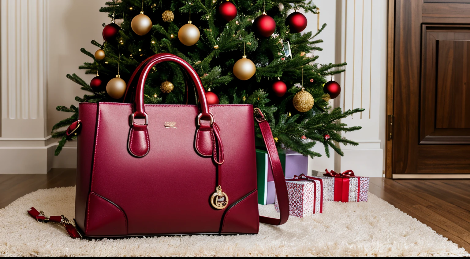 a visual for a social media campaign showcasing Okhtein's zayan handbag under a Christmas tree