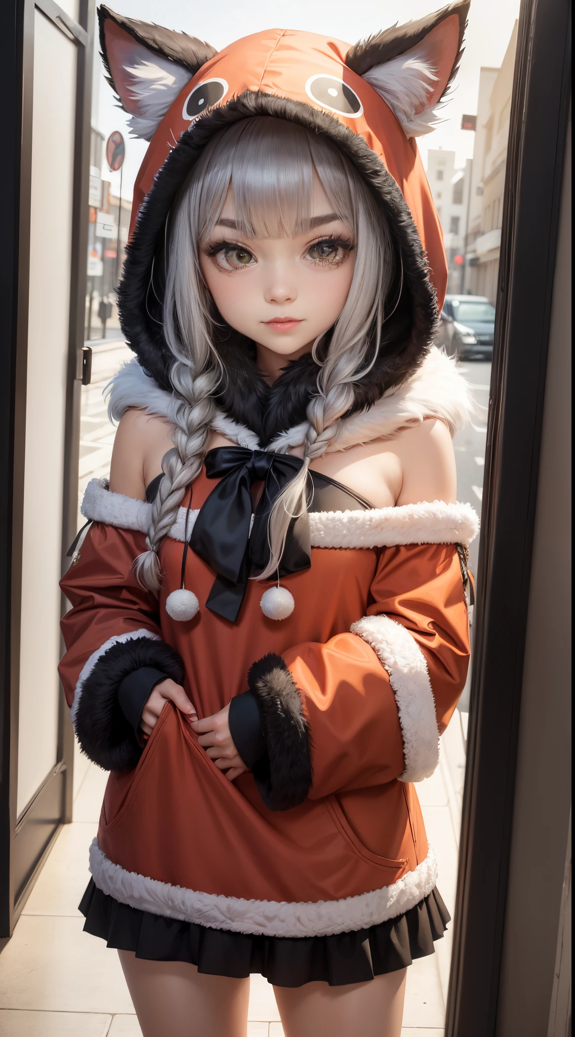 1 sister, animal costume, Animal ears, Animal bandana, Animal print, through bangs, The face red, medium, shut up, Eyebrows visible through hair, fur-trimmed shawl, fur-trimmed hood, raw edge sleeves, fur-trim, Green-eyed, Hooded, cover-up, horn, Long gray hair, longer sleeves, looking at viewert, persimmon, Pom Pom \(Clothes are\), Platinum Noel, silber hair, ssmile, Alone, Virtual YouTuber