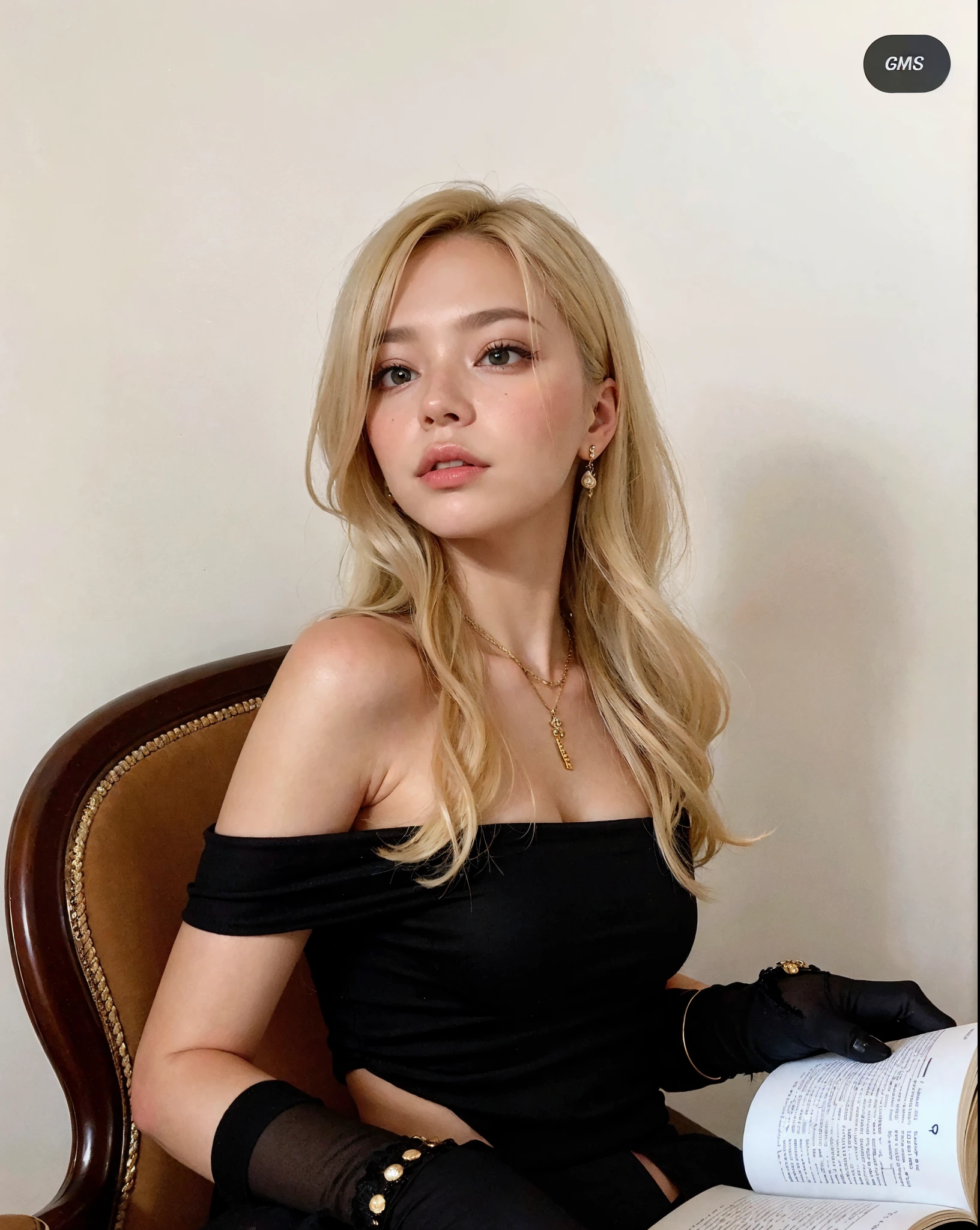 Mujer rubia con top negro sentada en una silla con un libro abierto, Retrato de Kim Petras, Irina Nordsol Kuzmina, Anastasia Ovchinnikova, Dasha Taran, sydney sweeney, Julia Gorokhova, Olga Buzova, Lalisa Manobal, Alexandra Waliszewska, Imagen de perfil, Alina Ivanchenko