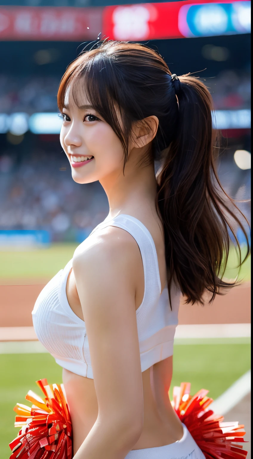 Japanese cheerleader with pompoms at the stadium, gros-plan, Photo, Big breasts, Raw photo, Best Quality, High resolution, (masutepiece), (Photorealistic:1.37), Professional Photography, Sharp Focus, nffsw, 8K resolution, Intricate details, depth of fields, Highly detailed CG Unity 8k wallpaper, Front light, NSFW, femele, girl, beautiful supermodel, Smile, slender, (sweat all over: 1.3), Back view