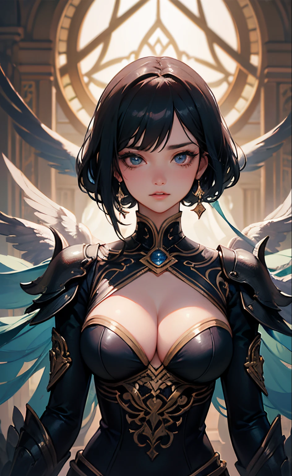 8k ((torso view)),  of beautiful cyborg with black hair, intricate, Egyptian elegant, highly detailed, Egyptian majestic, gigantic breasts, septum piercing, digital photography, ((puffy lips)), ((cleavage)), ((mature face)), art by artgerm and ruan jia and greg rutkowski surreal painting gold peacock filigree, broken gsterpiece, sidelighting, finely detailed beautiful eyes: 1.2), hdr,