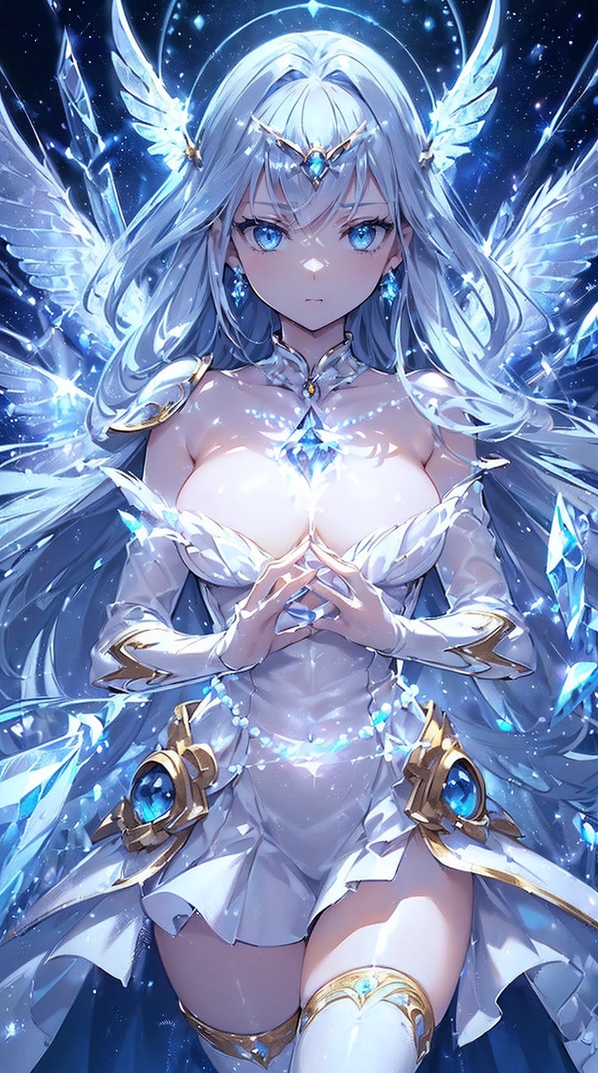 (((masterpiece))), (((highest quality))), ((ultra-detailed)), ((super fine illustration)), ((ultra-fine painting)), (upper body:1.2), (Highly detailed and delicate illustration style:1.8), detailed skin texture, detailed metal texture, detailed cloth texture, extreme detailed description, (T-masterpiece), (highly detailed face:1.2), (highly detailed fingers:1.2), original, raw photo, professional, Intricate details, super details, intricate ornament details, (perfect anatomy:1.2), (perfect fingers:1.2), (sexy), (sexy), real, (Solo), ((A very beautiful and intelligent mechanized angel woman who is the head court mage)) BRAKE Beautifully shaped small breasts, Beautifully shaped small buttocks, (Very detailed and delicate beautiful shiny silver hair that shines in rainbow colors, colorful hair:1.2), (Beautiful clear blue eyes that shine with great detail and delicate:1.2), (beautiful hands and fingertips:1.2) BRAKE ((sophisticated mechanism:1.4))Smooth and menacing design, (Highly detailed large pearl white Sleek symmetrical mechanical angle wings:1.4), ((A highly detailed and delicate ice and thunder magic divine mechanical armor dress that shines in sapphire blue and pearl white exclusively for the head court mage:1.3)), (Symmetrical Wings:1.6) BRAKE concept-art, Detailed science magic fantasy art, (Battle Pose), (chanting a spell:1.2), ((Highly detailed and cool Attack Magic Casting Pose)) BRAKE (Highly detailed and delicate magic circle:1.4), (Highly detailed and delicate starry sky:1.2), (Highly detailed and delicate Crystal of snow and lightning background:1.3), other world, No robot, (Geometric patterns), (colorful confetti:1.15), (8K highest quality wallpaper:1.4), (Highly detailed and delicate background:1.2) BRAKE (NSFW) BREAK