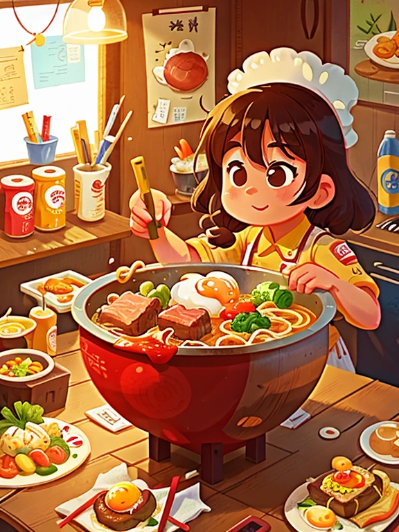 Draw me a bowl of beef noodles,Add a fried egg on top,Put some side dishes next to it,And vinegar,In the background a ramen chef noodles