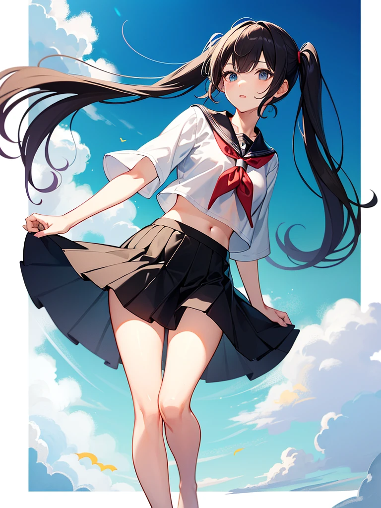 1girl,petite,,solo,longhair,skirt,sailorcollar,blackhair,navel,lookingatviewer,blackskirt7,miniskirt,barefoot,see-through,neckerchief,croptopoverhang,croptop,pleatedskirt,water,schooluniform,midriff,shirt,serafuku,twintails,verylonghair,fullbody,miniskirt,bareshoulders,whiteshirt,blueeyes,barelegs,thighs,breasts,blacksailorcollar,bangs,stomach,blueneckerchief,partedlips,floatinghair,standing,