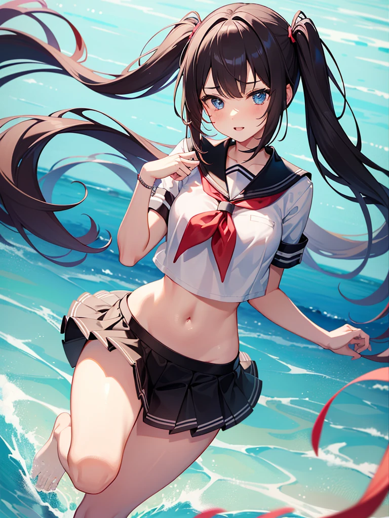 1girl,petite,loli,solo,longhair,skirt,sailorcollar,blackhair,navel,lookingatviewer,blackskirt7,miniskirt,barefoot,see-through,neckerchief,croptopoverhang,croptop,pleatedskirt,water,schooluniform,midriff,shirt,serafuku,twintails,verylonghair,fullbody,miniskirt,bareshoulders,whiteshirt,blueeyes,barelegs,thighs,breasts,blacksailorcollar,bangs,stomach,blueneckerchief,partedlips,floatinghair,standing,