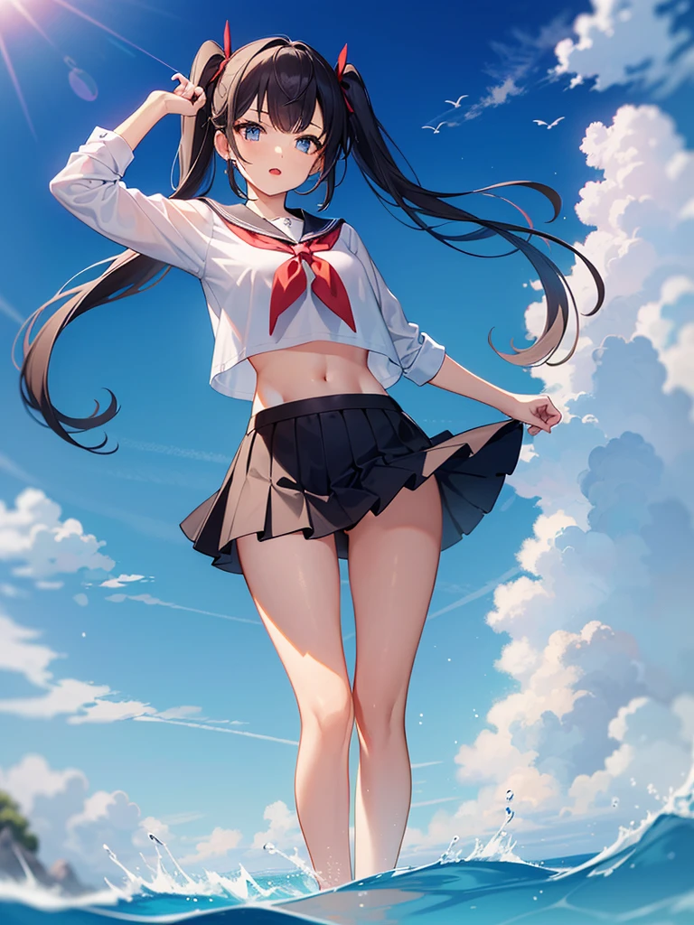 1girl,petite,loli,solo,longhair,skirt,sailorcollar,blackhair,navel,lookingatviewer,blackskirt7,miniskirt,barefoot,see-through,neckerchief,croptopoverhang,croptop,pleatedskirt,water,schooluniform,midriff,shirt,serafuku,twintails,verylonghair,fullbody,miniskirt,bareshoulders,whiteshirt,blueeyes,barelegs,thighs,breasts,blacksailorcollar,bangs,stomach,blueneckerchief,partedlips,floatinghair,standing,