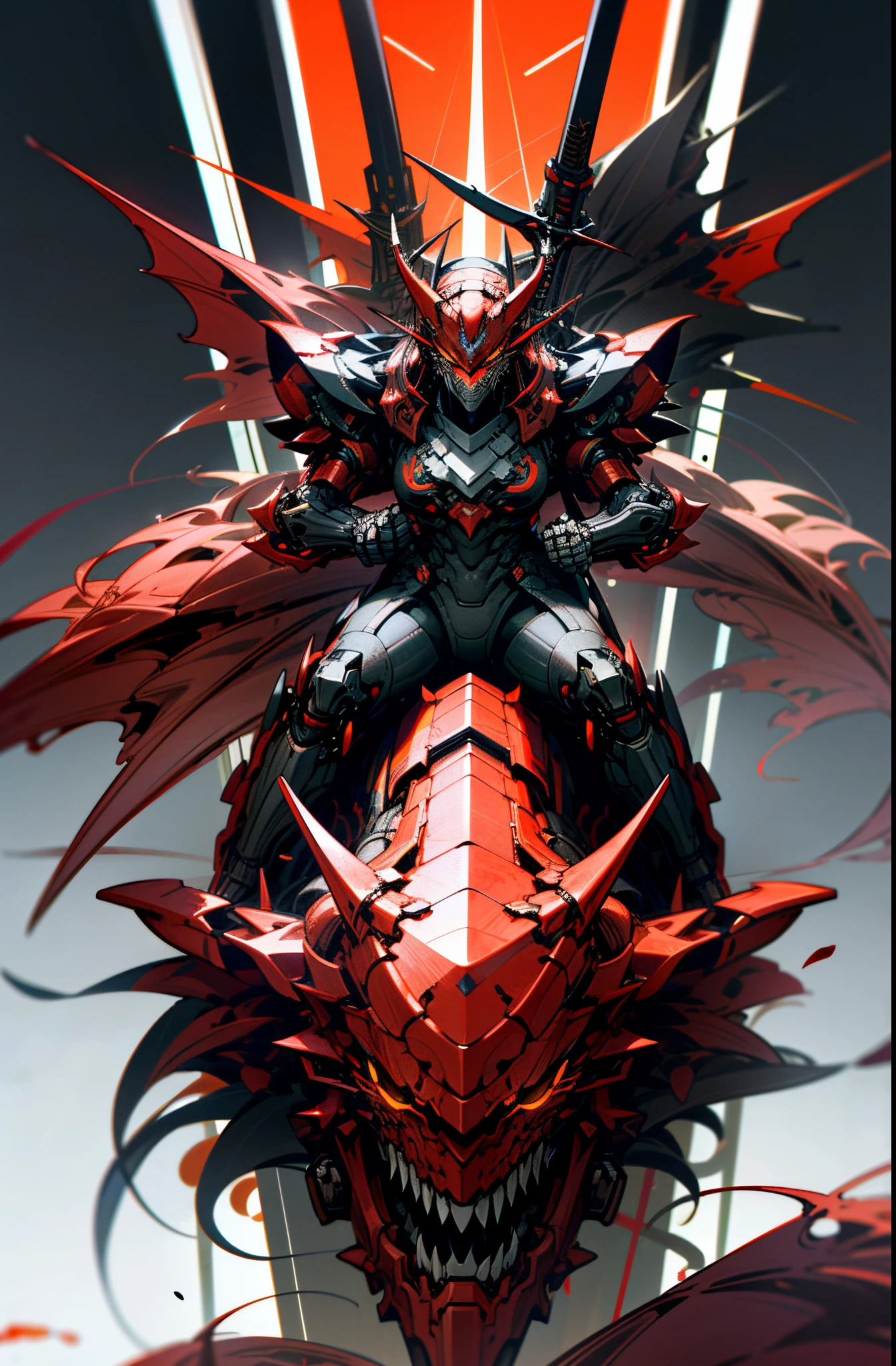 Dark_Fantasy, Cyberpunk, 8K with clear details (holding a Fang Tian Halberd, riding an Eastern Hell Demon Dragon mecha, Red: 1.1), 1 person, mechanical miracle, robot existence, cybernetics guardian, beauty High contrast
