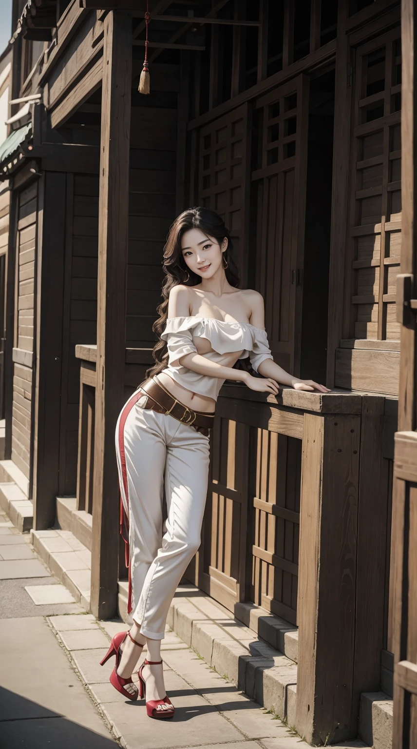 I am Yang Guifei, 25 years old.、A timeless beauty with great style、Longhaire、Hair is wavy、Slender but well-proportioned muscular body、a smile、She is wearing a one-shoulder top with a logo on it.、Wearing high heels、I'm wearing low rise pants、I'm in a foggy old Western brick town.、The ground is cobblestone、a smile、Breasts are big、Sitting