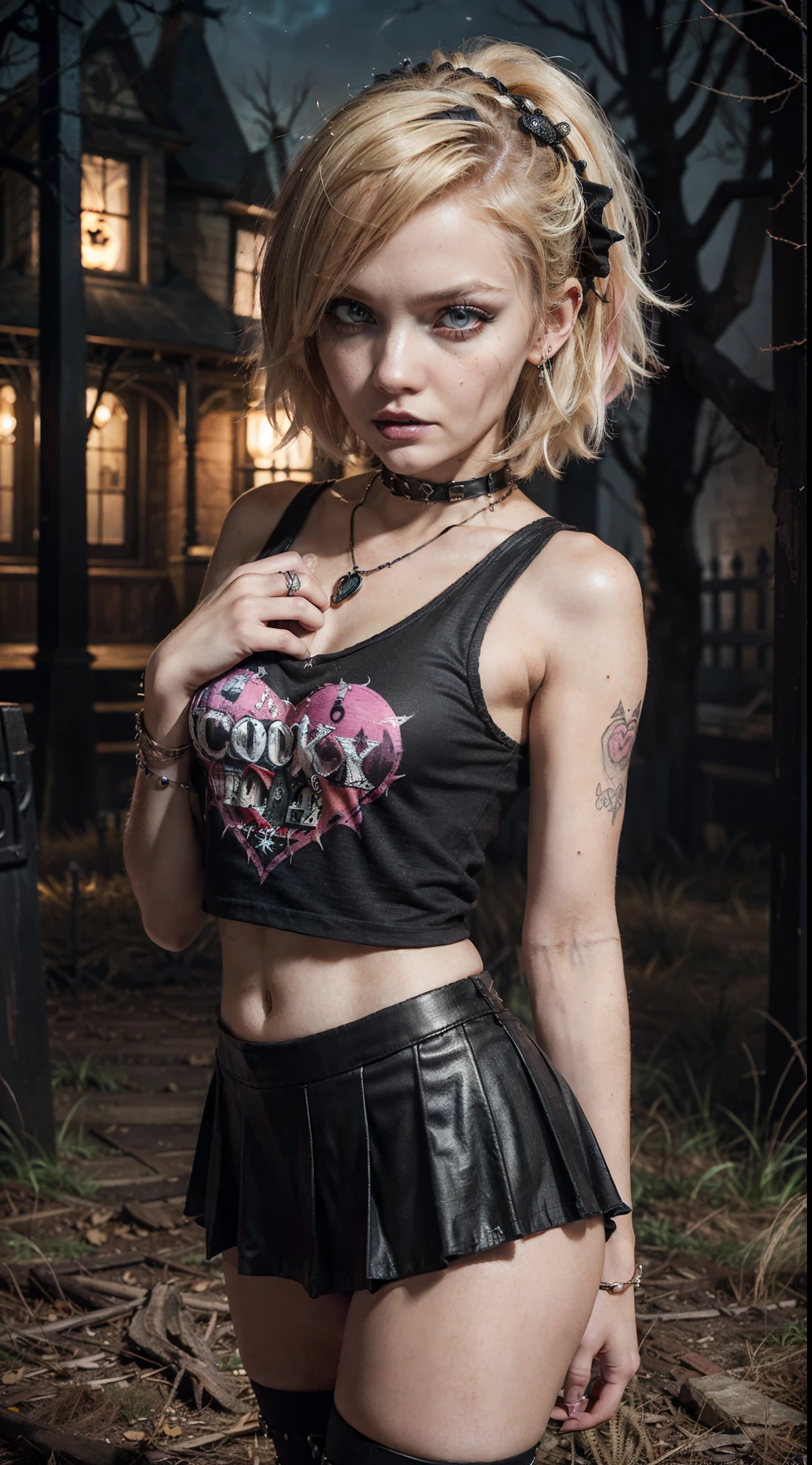 (Ultra-detailed eyes), (((textile shading))), (((Best Quality))), (((masutepiece))), (((Ultra-detailed CG))), Cheeky girl, (((magical girl))), (Petite), (tiny chest), Blonde hair, Blonde hair, Blonde hair, Blonde hair, spooky season in punk hairstyle, ((Short hair, Gorgeous hair)), Pink eyes, (((spooky season for punk costumes))), ((striking a pose)), (((Game CG)) (Gorgeous, cocky, that girl), Fancy Jewelry, haunted house, dark day, A spooky season with a strong punk atmosphere, spooky season in punk makeup, Intense haunted house atmosphere, Cowboy Shot, mid-shot, Centered image, look to the camera, heart panel baby t-shirt, Black pleated mini skirt, pastel color