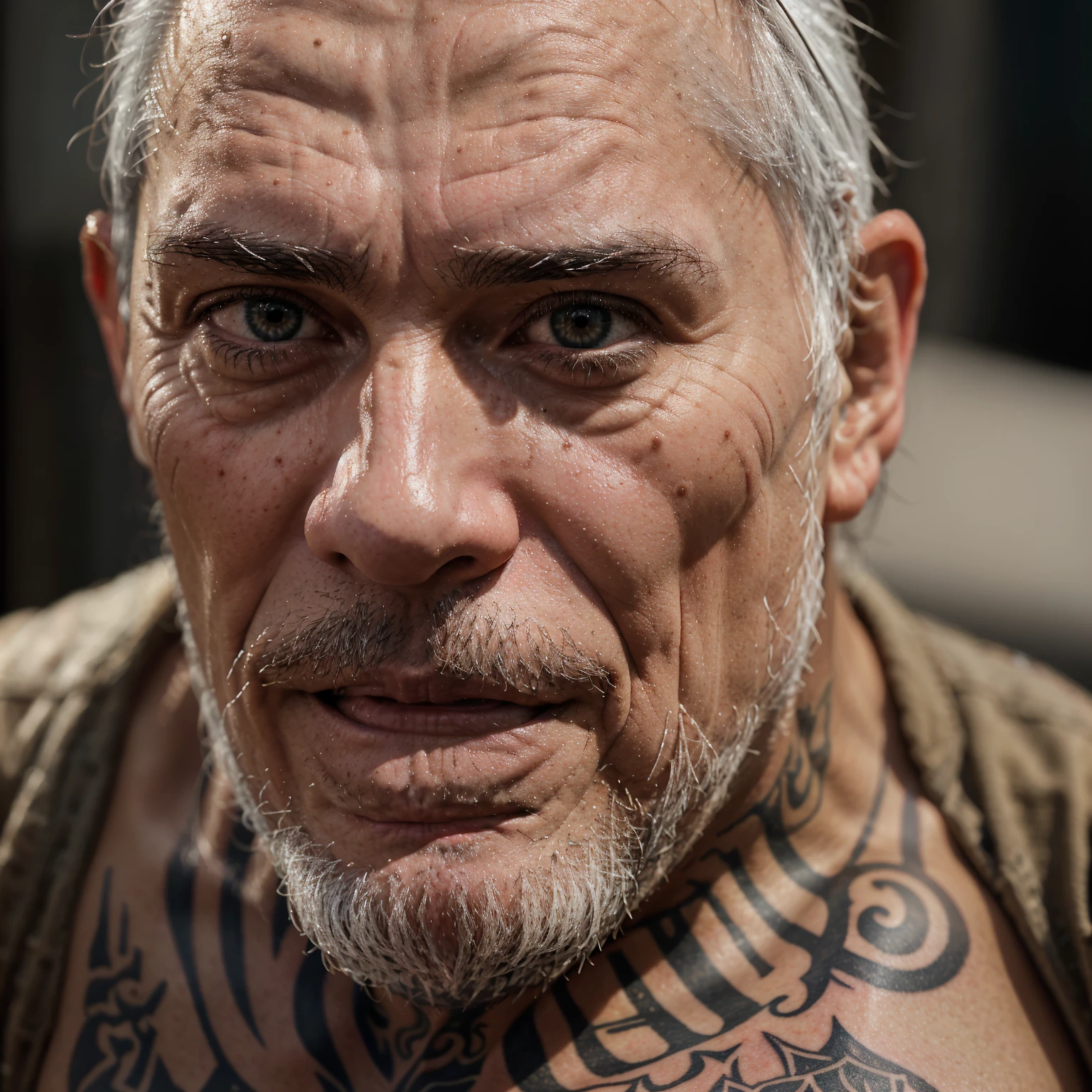 Close-up view of the old man with tattoo. photo real, 4k, real, real textures, real render, realism, real composition, real details, Don't show 3d or 2d, don't show cartoon or animation, looks real, close up complete details like the results of a Canon 1500D camera