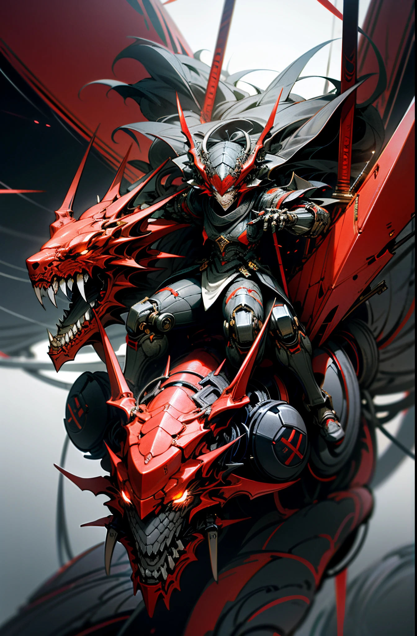 Dark_Fantasy, Cyberpunk, 8K with clear details (holding a Fang Tian Halberd, riding an Eastern Hell Demon Dragon mecha, Red: 1.1), 1 person, mechanical miracle, robot existence, cybernetics guardian, beauty High contrast