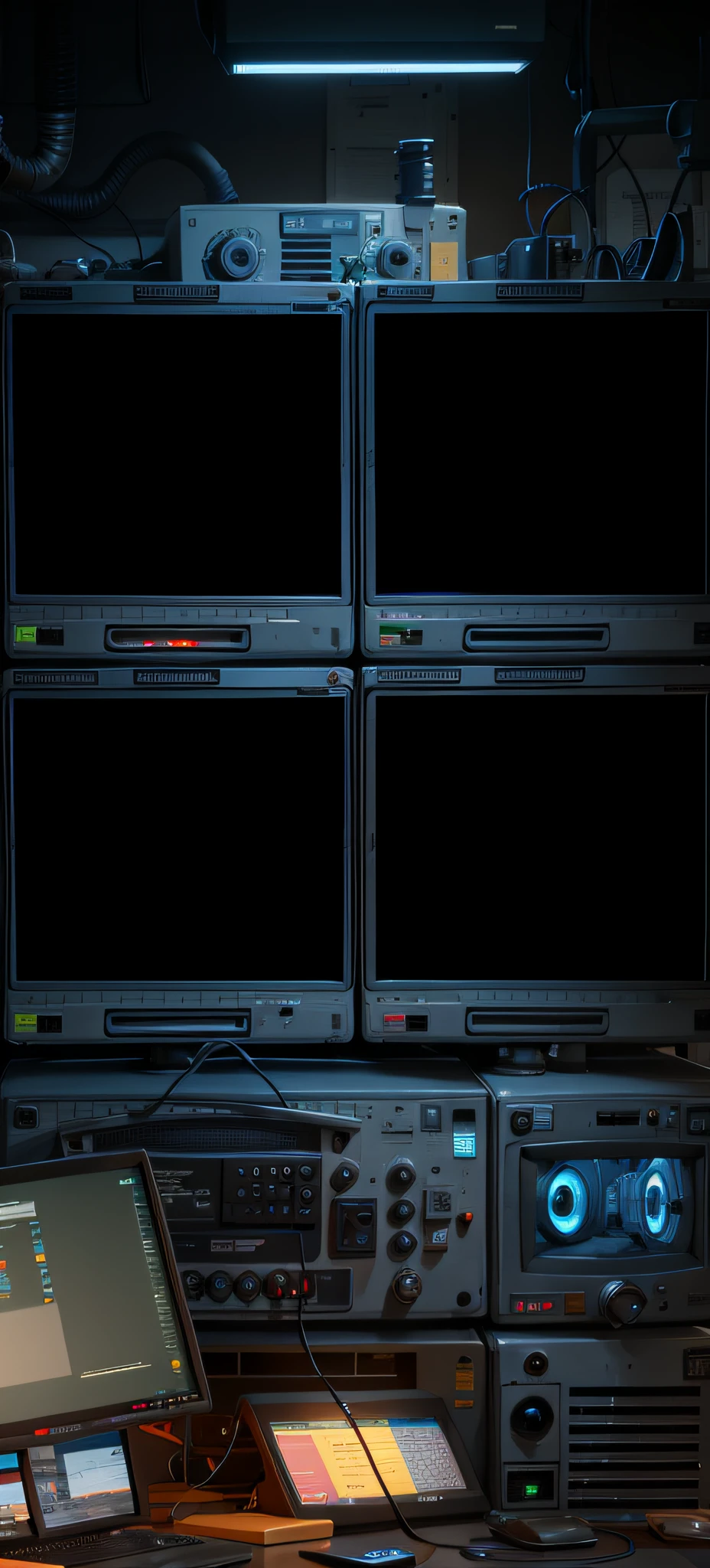 Four monitors on the wall above a book, CRT screen in the background, many screens, Stacked computer screens, many monitors, videotape overlay, screens, Many computer screens, monitors, pc screen image, TV screen, vhs static overlay, Black interface, tv show, large screens, cathode ray tube screen, Symmetrical 4k, Display Screen, TV screen as background