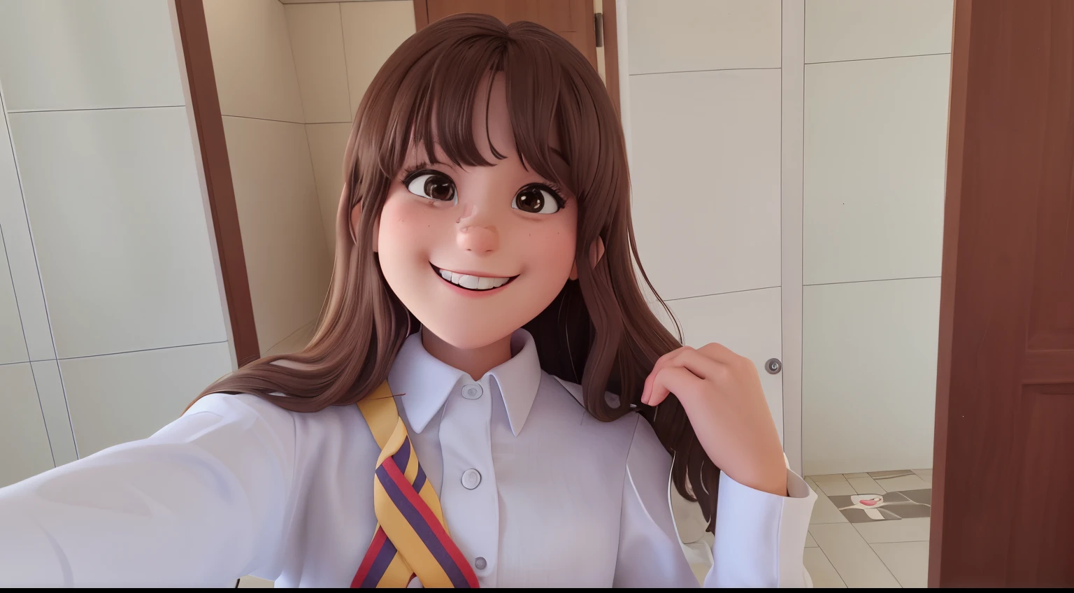 Smiling woman wearing a white shirt and a colorful tie in a bathroom., sonrisa orgullosa, colombiano, girl wearing uniform, 18 years old, con una hermosa sonrisa, selfie de una mujer joven, Sonriendo con confianza, con el pelo largo, cinta en su cabello, 1 6 years, ella sonriendo, usar un uniforme escolar, ella sonriendo y feliz, Llevar uniforme escolar