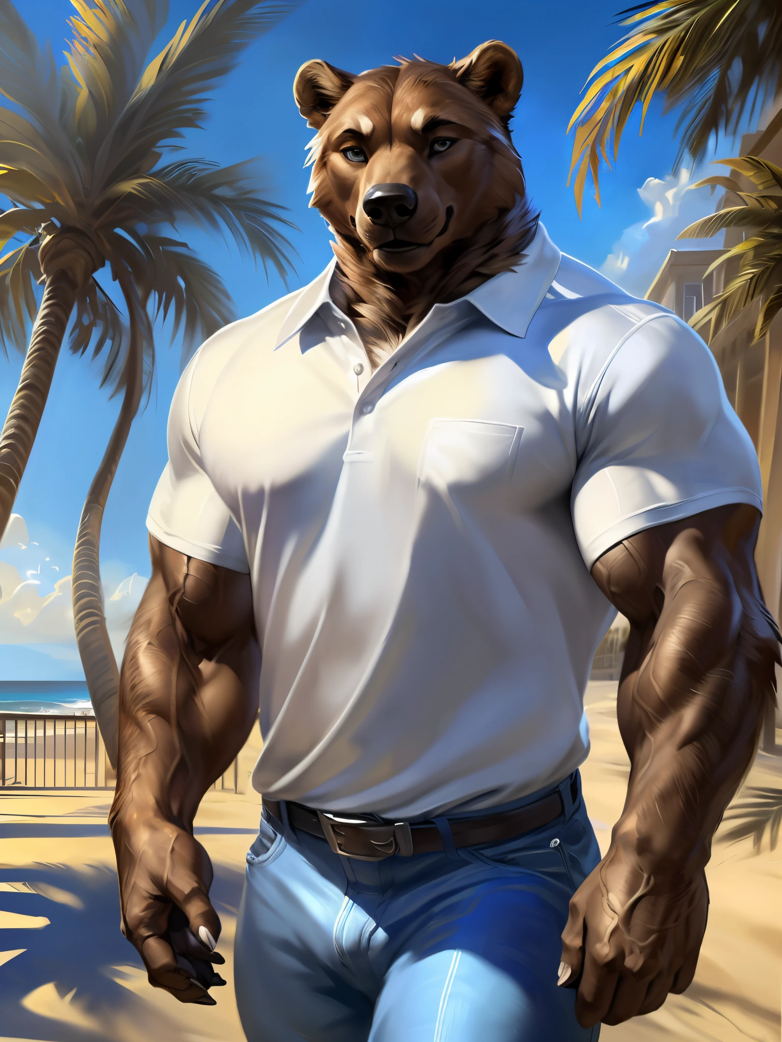 4k, high resolution, best quality, perfect colors, perfect shadows, perfect lighting, natural lighting, close-up, posted on e621, furry body, solo, anthro brown bear, (monotone brown fur:1.3), male, (strongman, veiny biceps, manly, brutal, masculine:1.2), bare torso, correct anatomy, (photorealistic fur, detailed fur, epic, masterpiece:1.2), detailed southern town background, (ocean drive street, Oceanside, daytime, palms, sunshine), (by Taran Fiddler, by Chunie, by Rukis, Bonifasko lighting), (blue jeans:1.2), (white polo shirt:1.3), smiling