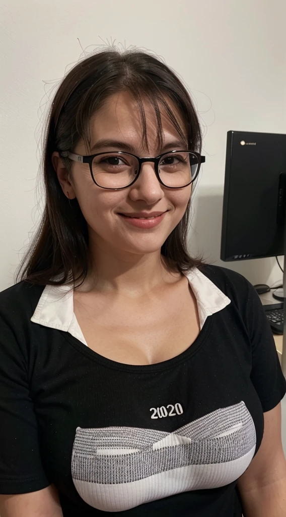 smiling woman with glasses and a black and white shirt, this person does not exist, entire person visible, probably in her 30s, slight nerdy smile, taken in the early 2020s, smiling and looking directly, chubby, round pointy nose, nerdy, busty, round shaped body, entire body visible