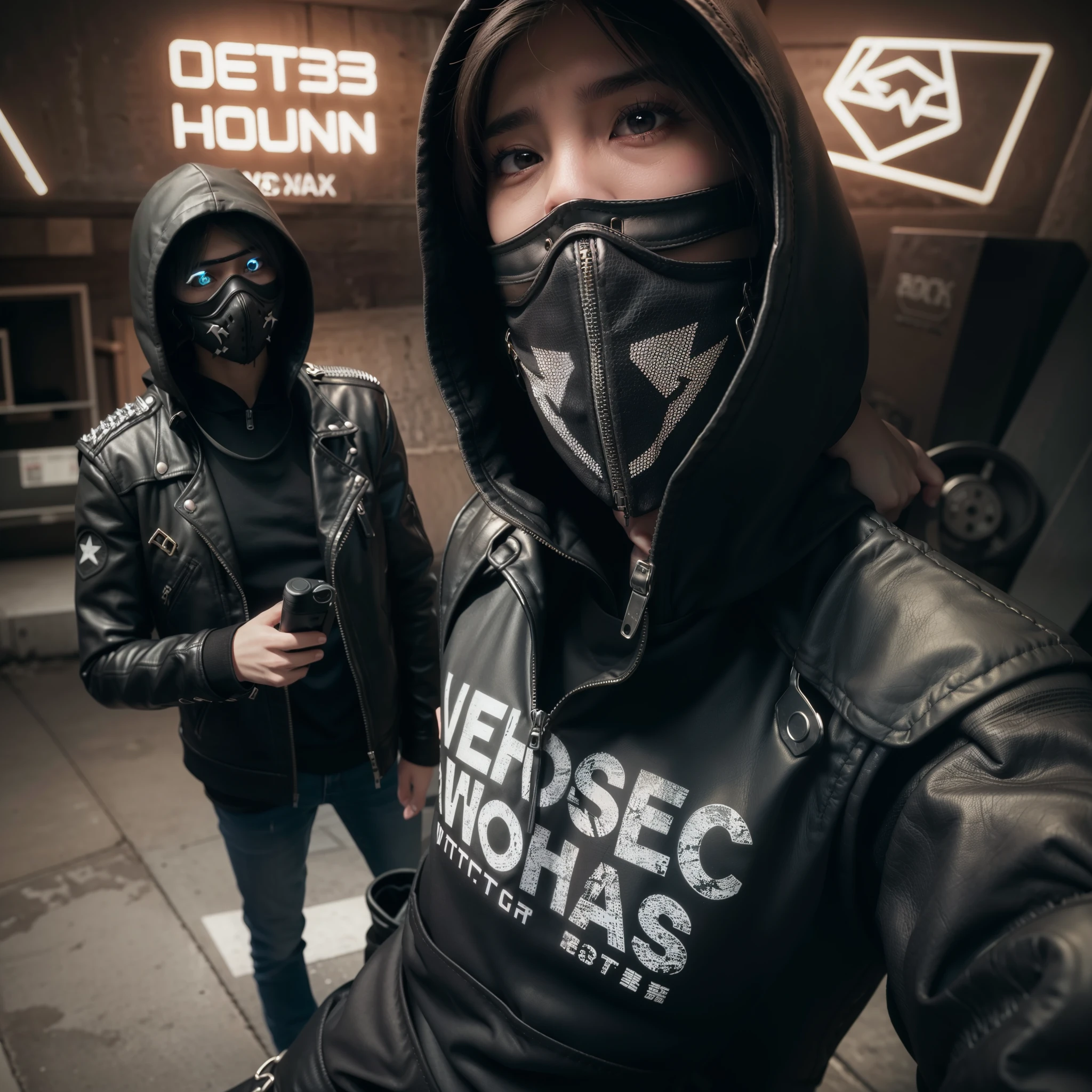 Wrench from watchdogs 2,  leather black jacket, neon mask, hoody