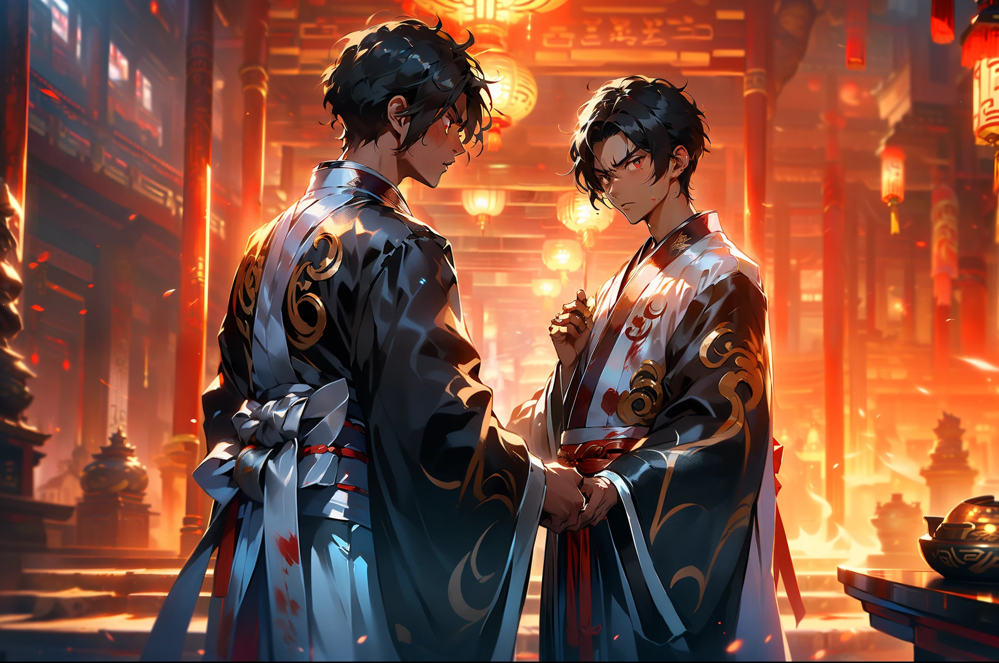 7, (1 persons) (Boy, (((Black coat))), ((Jeunesse Hanfu ????)), (((A dark-haired))), air royal, magnifica, goodlooking, Extraordinary temperament, current, angry blood red eyes) (Background: Inside the sacred and beautiful former Chinese imperial palace).Focus on the face、high-level image quality、