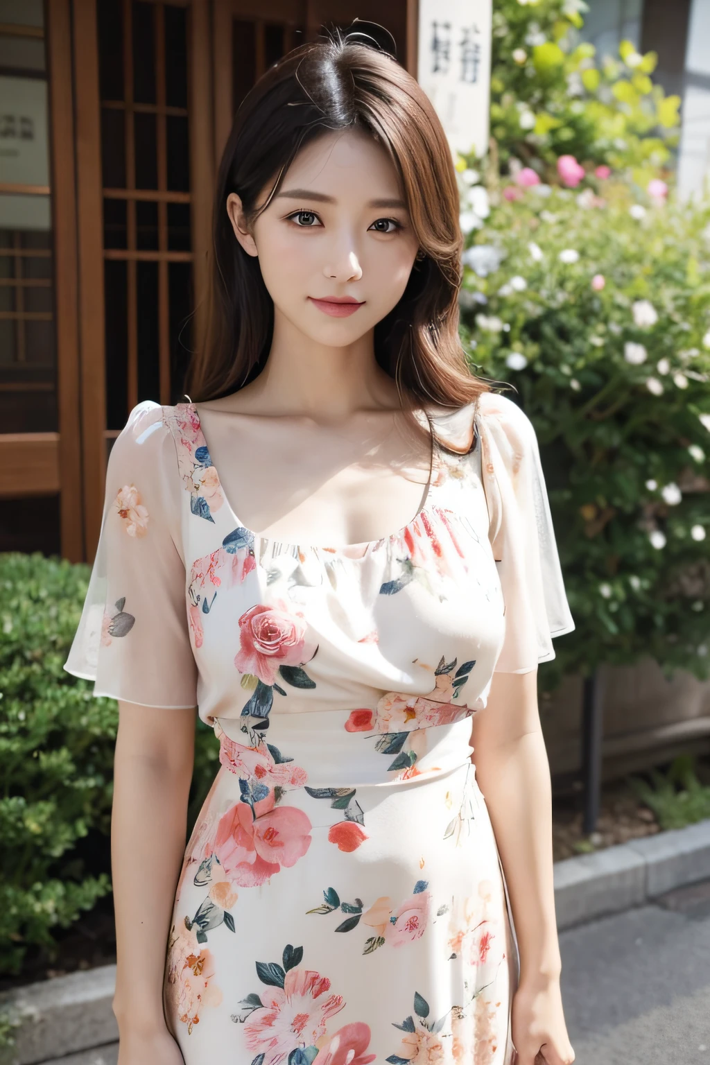 1人の女性,mature,Get up,street frontage,Floral dress,独奏,realistically,True humans,high detal