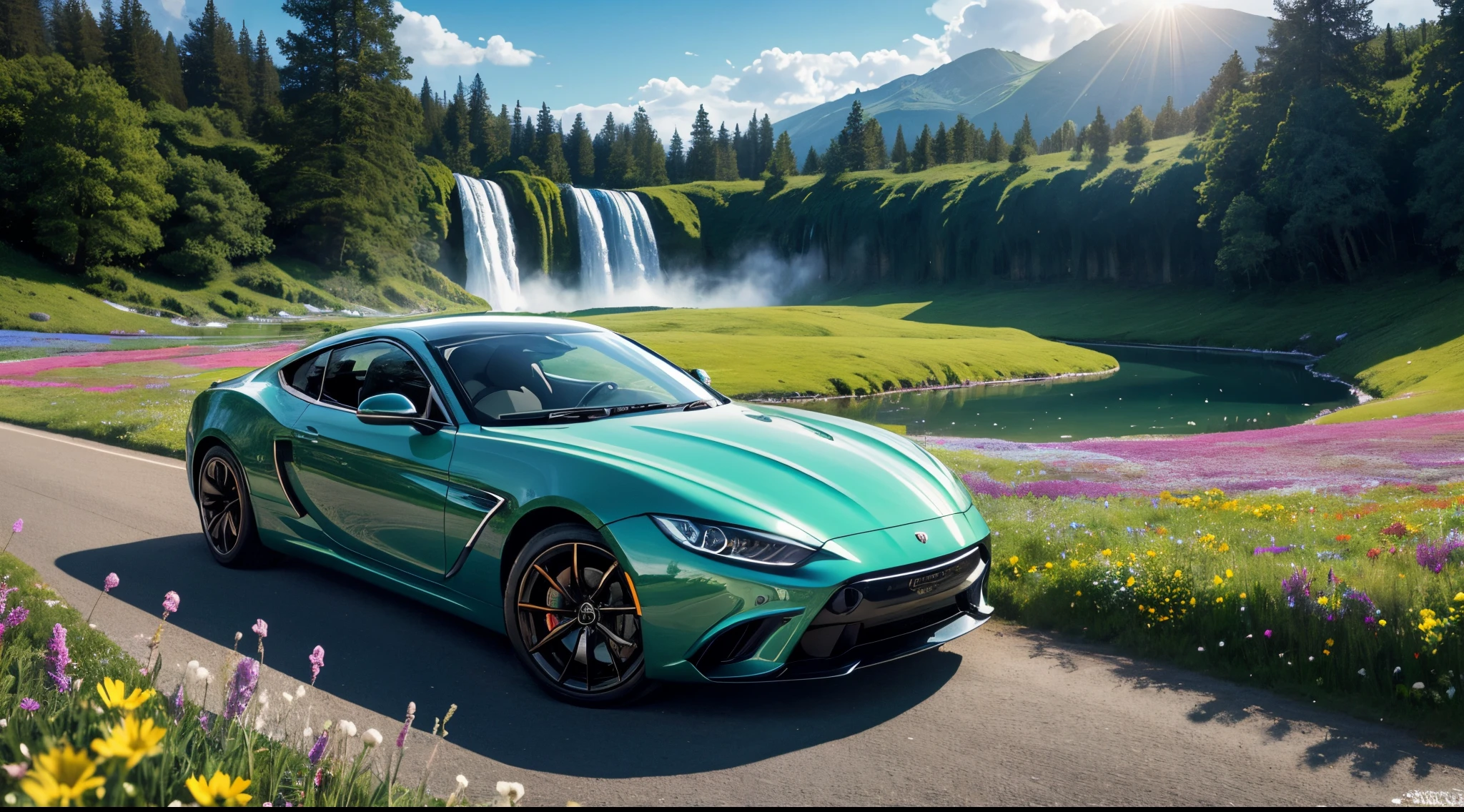 A radiant, sleek car basks in the vibrant hues of a surreal meadow, surrounded by an ethereal landscape. Crystal-clear waters cascade from a majestic waterfall, their gentle flow embracing the vehicle in a shimmering curtain. The meadow, painted in surreal colors, hosts a mesmerizing display of wildflowers, their petals swaying in the soft breeze. The wide-angle shot captures every intricate detail of the car, from its polished curves to the play of light on its flawless exterior. The scene is a symphony of colors, blending reality and dreamlike beauty in a photorealistic masterpiece