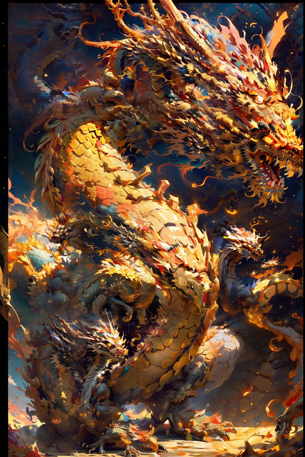 (8K, Best quality at best, tmasterpiece: 1.5), Business poster background art shape composed of golden inflatable gold, mythological beasts, pure gold, extremly high detail: 1.5), epic gold, Shiny, golden theme, Layered composition, (With oriental dragon as background, long, Hiryu: 1.5), Dragon full of energy and vitality, Realisticstyle, Surrounding layout, exaggeration, book review, virtual comparison, Color contrast,Dynamic comparison. dynamic, depth of fields, Great visual impact, winning artwork