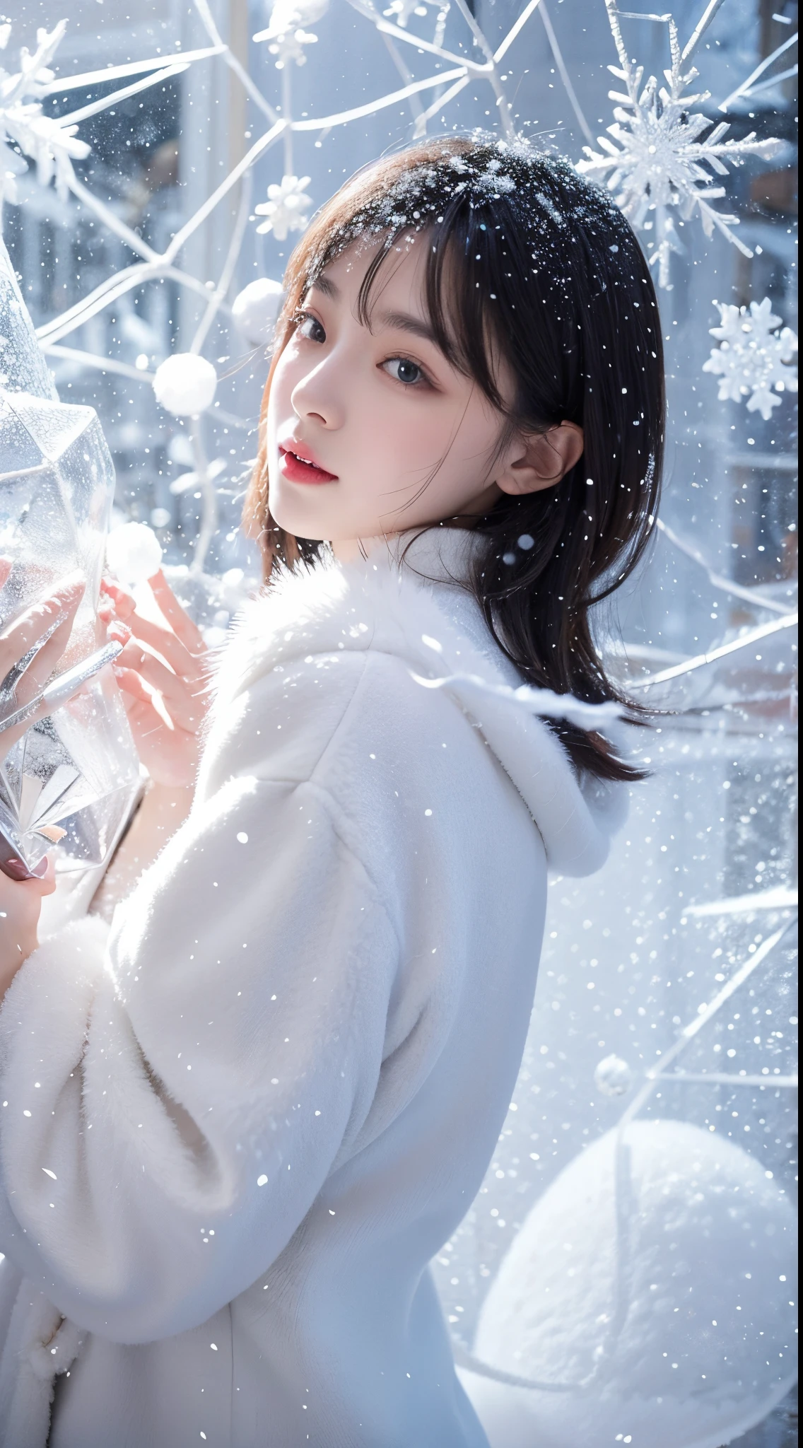 The background a snowy city in winter,On the front a round white transparent crystal with a snowflake inside