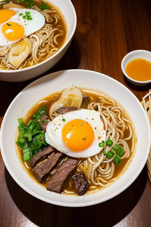 Draw me a bowl of hot beef noodles，Add a fried egg on top，Put some side dishes on the side，And vinegar，In the background, the ramen chef   ramen noodles