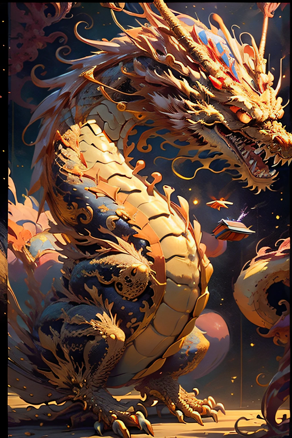 (8K, Best quality at best, tmasterpiece: 1.5), Business poster background art shape composed of golden inflatable gold, mythological beasts, pure gold, extremly high detail: 1.5), epic gold, Shiny, golden theme, Layered composition, (With oriental dragon as background, long, Hiryu: 1.5), Dragon full of energy and vitality, Realisticstyle, Surrounding layout, exaggeration, book review, virtual comparison, Color contrast,Dynamic comparison. dynamic, depth of fields, Great visual impact, winning artwork