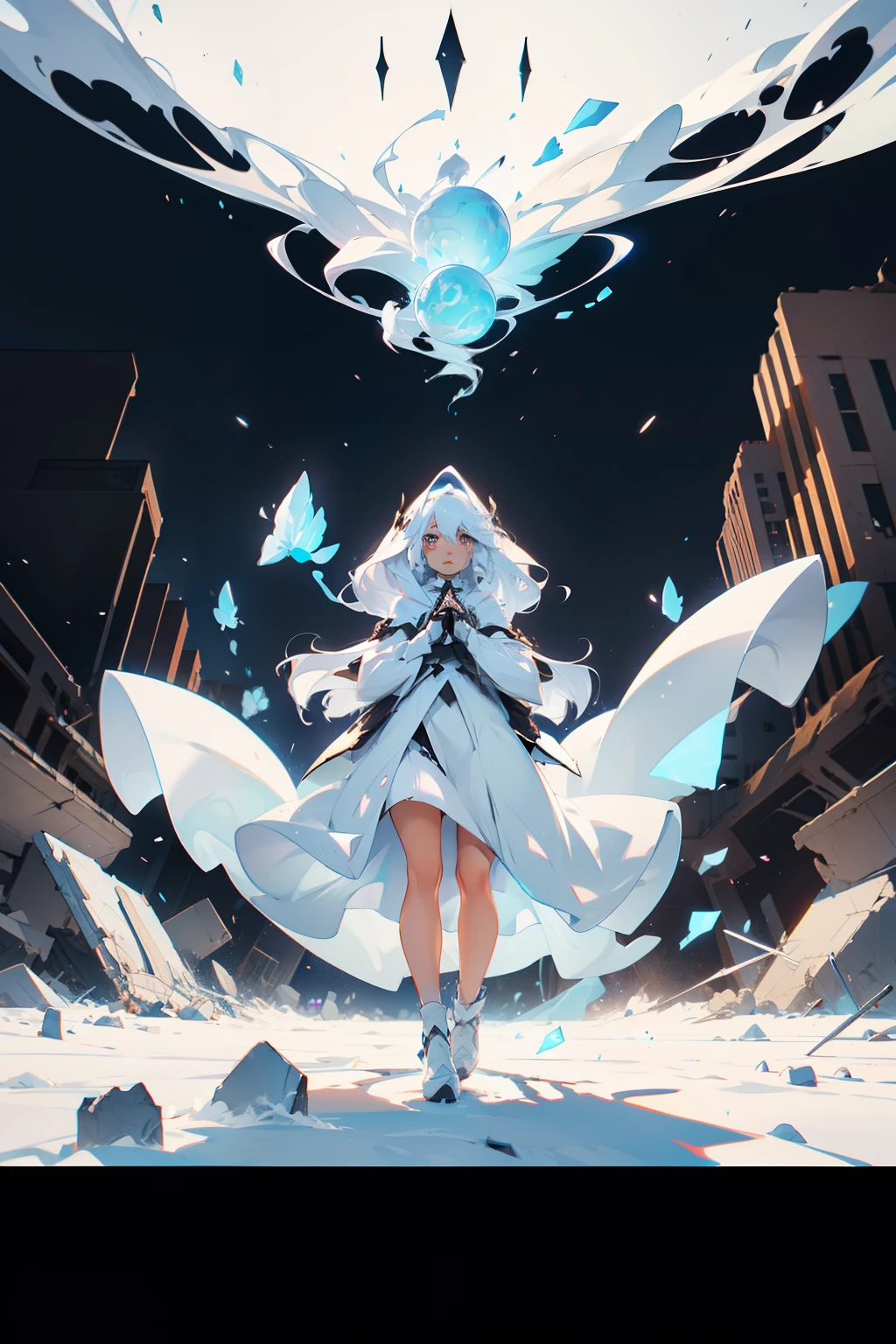 Girl, white long hair, black dress, white and black mask, full body, casting blue light sphere spell with hands, middle of destroyed City