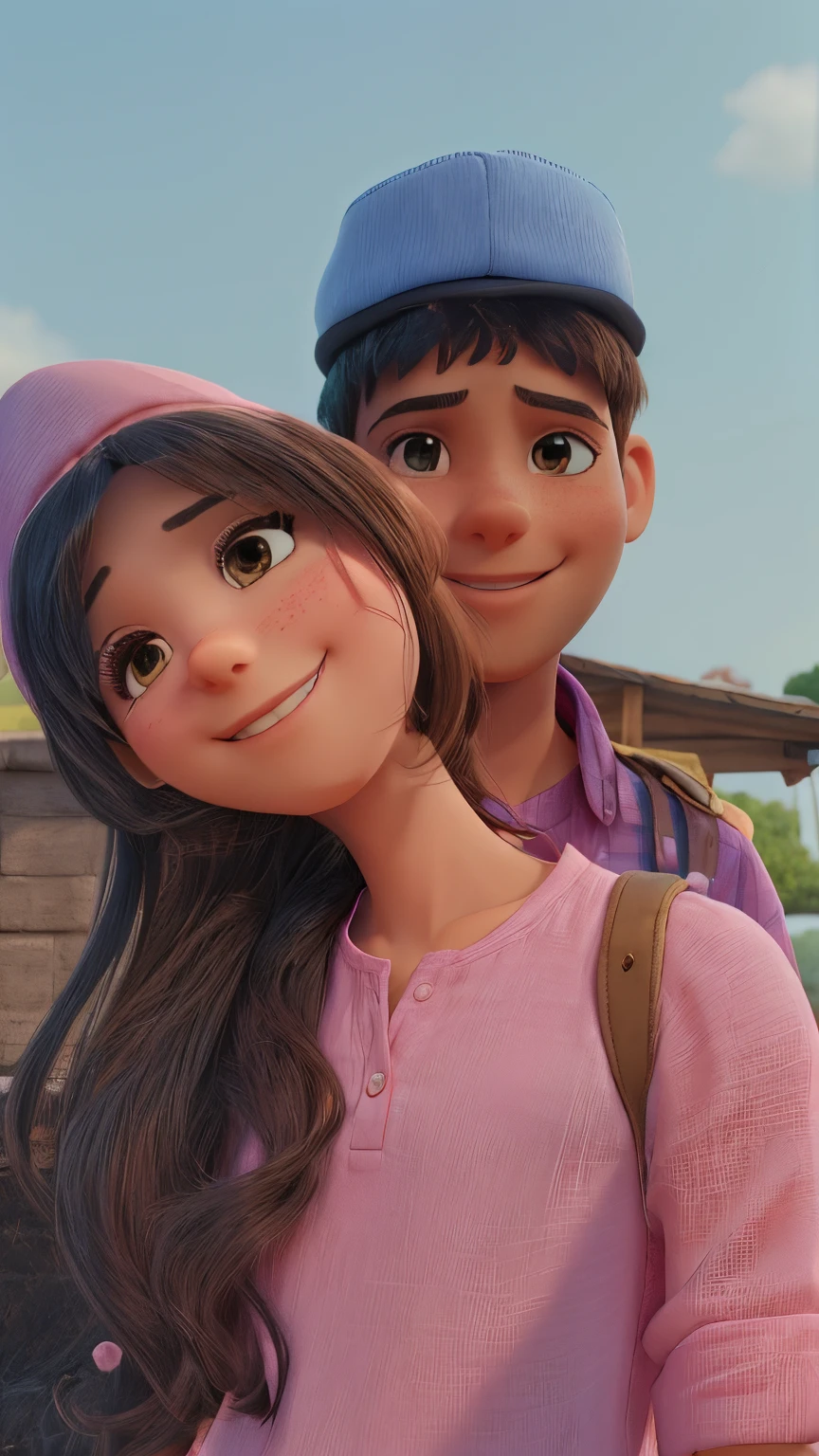 Realistic high quality background 3D lovely couple the girl wearing a White cap and pink blouse The boy wearing pink shirt they are smiling lovely