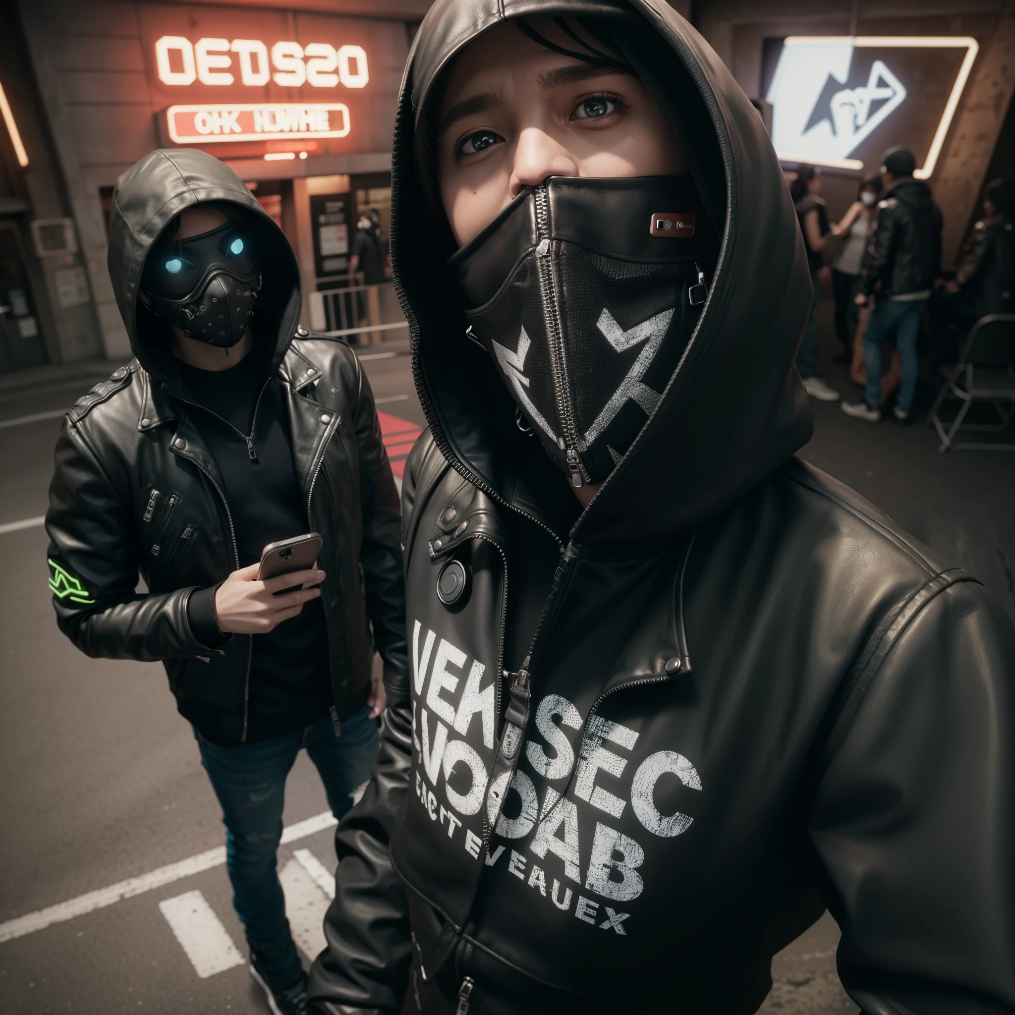 Wrench from watchdogs 2,  leather black jacket, neon mask, hoody, standing, holding a phone