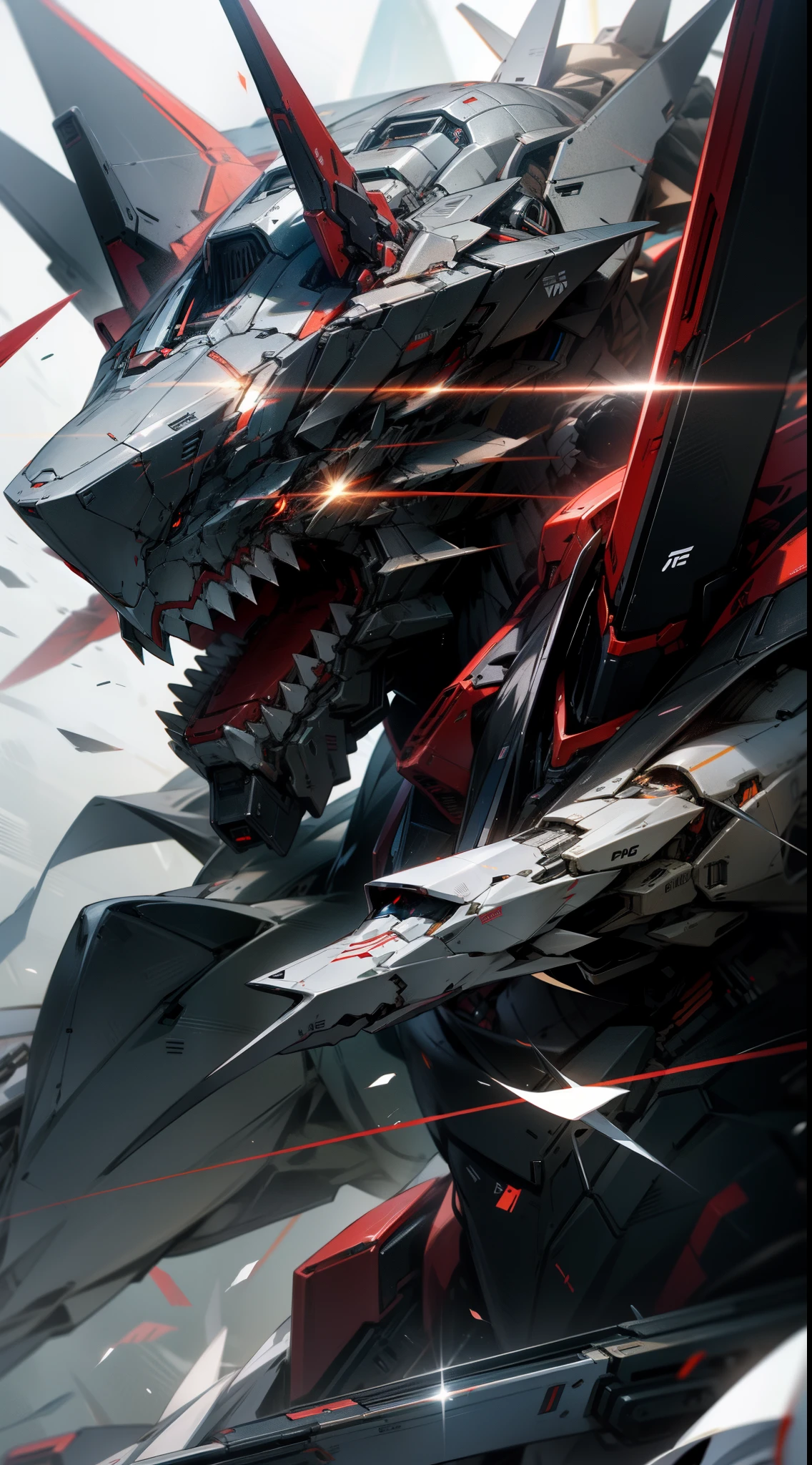 mecha shark headed robot, robot, no_human, holding a sword, glowing red eyes