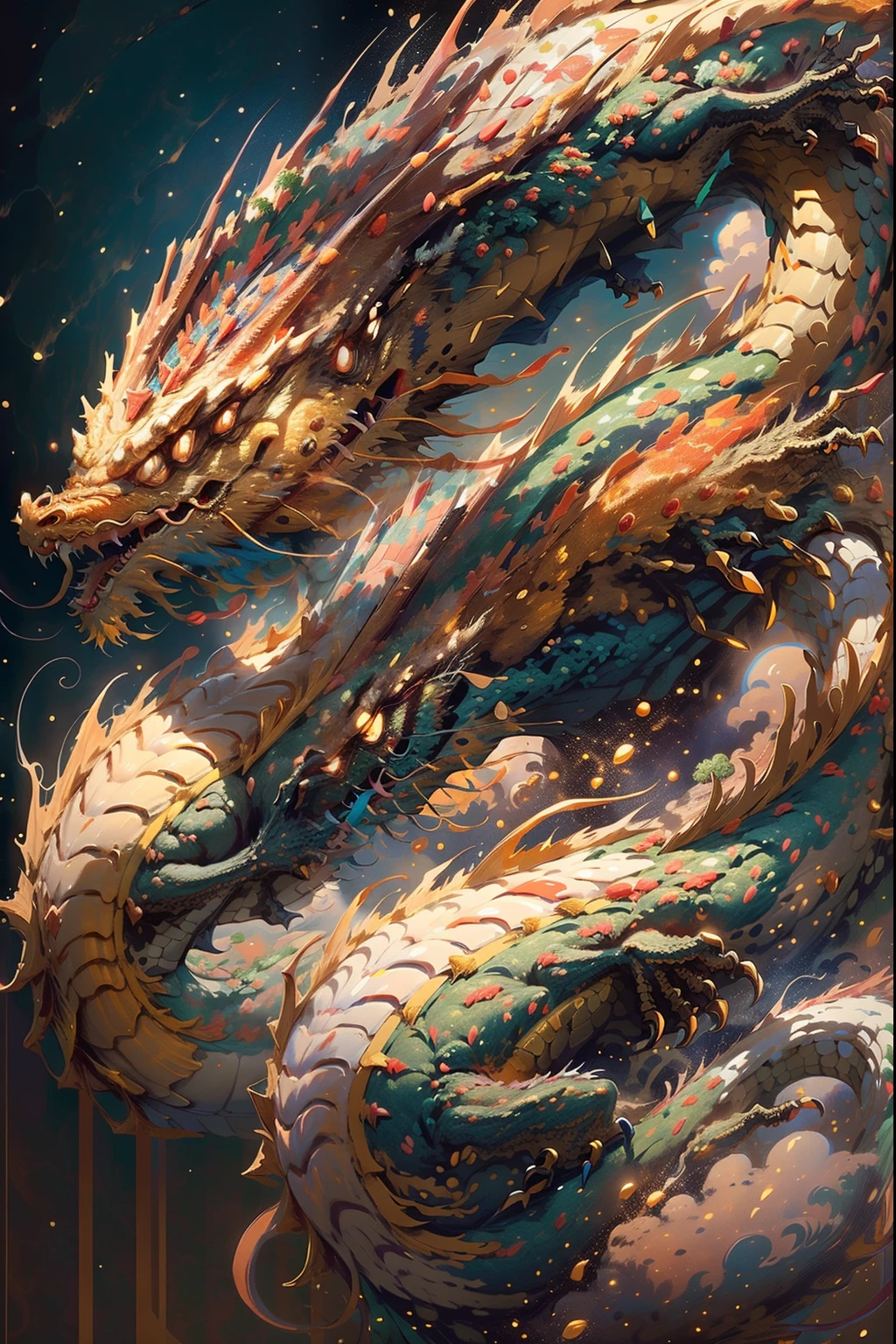 (8K, Best quality, tmasterpiece: 1.5), Business poster background art shape composed of golden inflatable gold, mythical beast, pure gold, extremly high detail: 1.5), epic gold, Shiny, golden theme, Layered composition, (With oriental dragon as background, long, Hiryu: 1.5), Dragon full of energy and vitality, Realisticstyle, Surrounding layout, exaggeration, book review, virtual comparison, Color contrast,Dynamic comparison. dynamic, depth of fields, Great visual impact, winning artwork