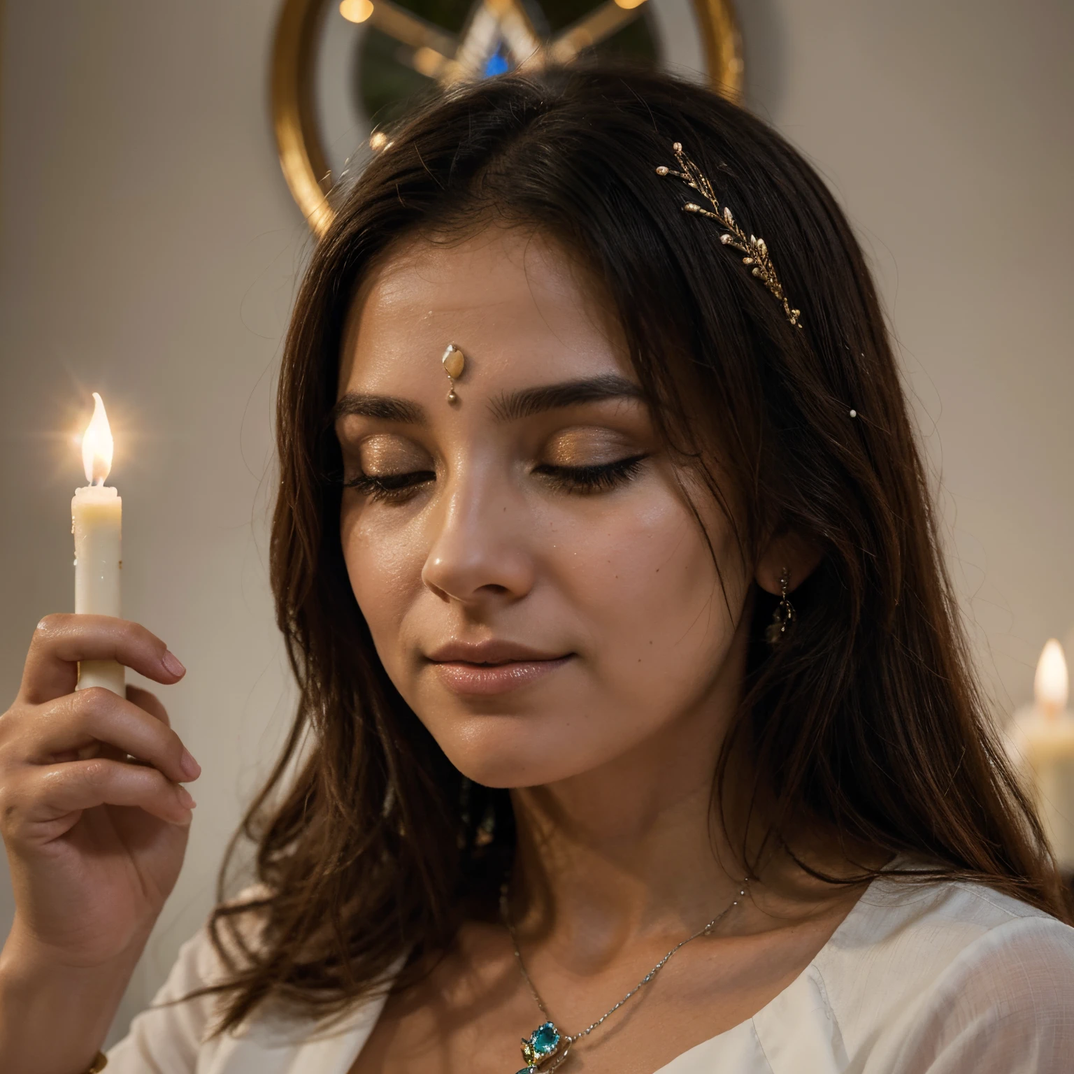 Pinte a imagem com palavras, capturando a serenidade, the faith and spiritual depth of that moment. Inspire-se na luz suave que ilumina a cena, in the facial details that reflect compassion and in the atmosphere of peace that surrounds this powerful moment of divine communion.