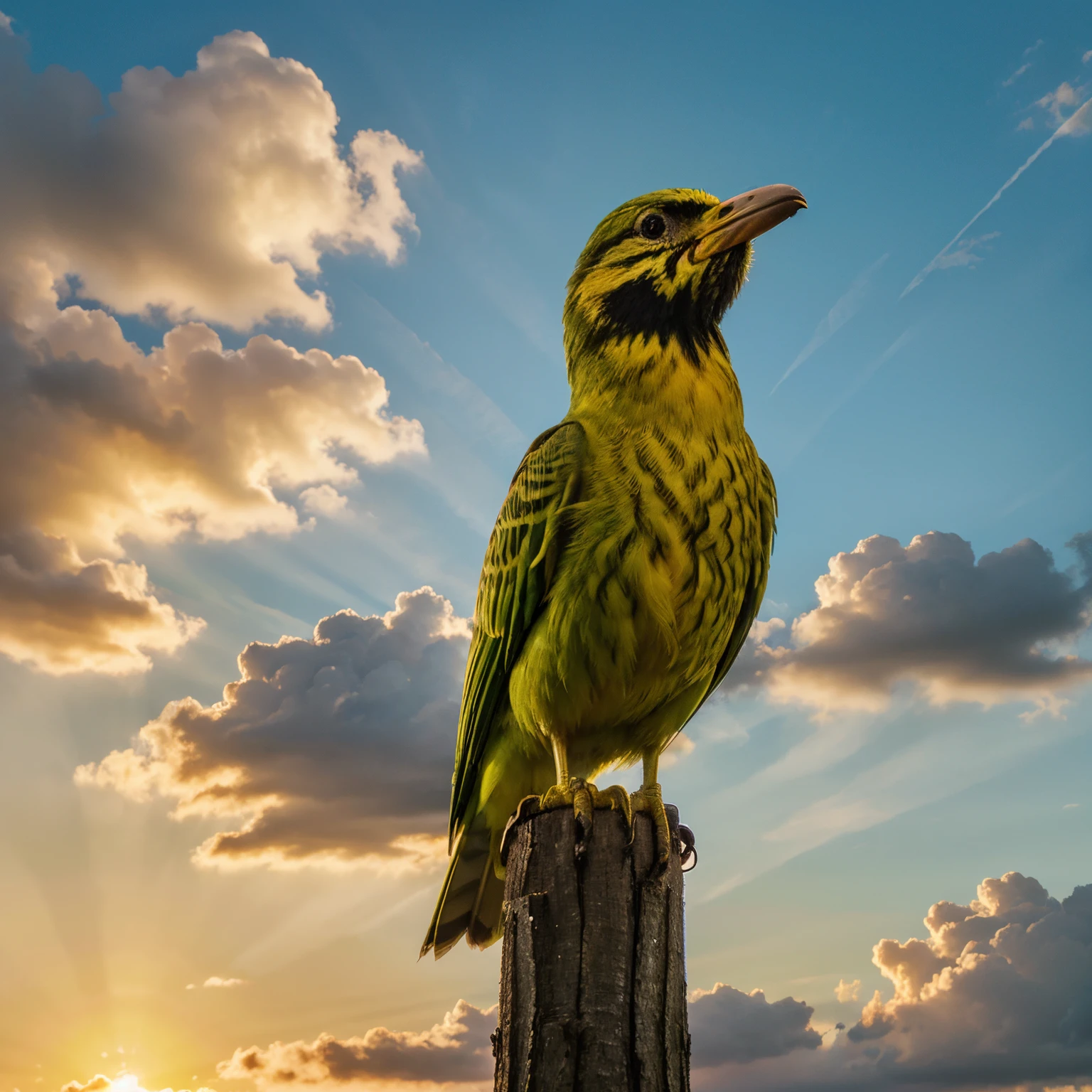 A green and yellow bird with an extended beak sitting on a tree in the middle of the sky between the clouds at sunset
