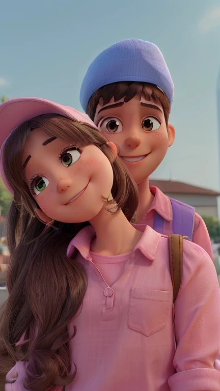 Realistic high quality background 3D lovely     couple  the girl wearing  a White cap and pink blouse The boy wearing pink shirt  and he doesn’t wear cup ,they are      smiling cute and lovely