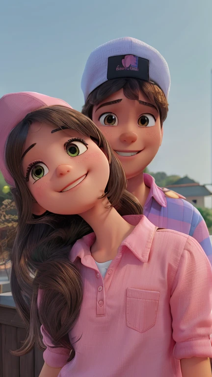 Realistic high quality background 3D lovely couple the girl wearing a White cap and pink blouse The boy wearing pink shirt and he doesn’t wear cup ,they are smiling cute and lovely
