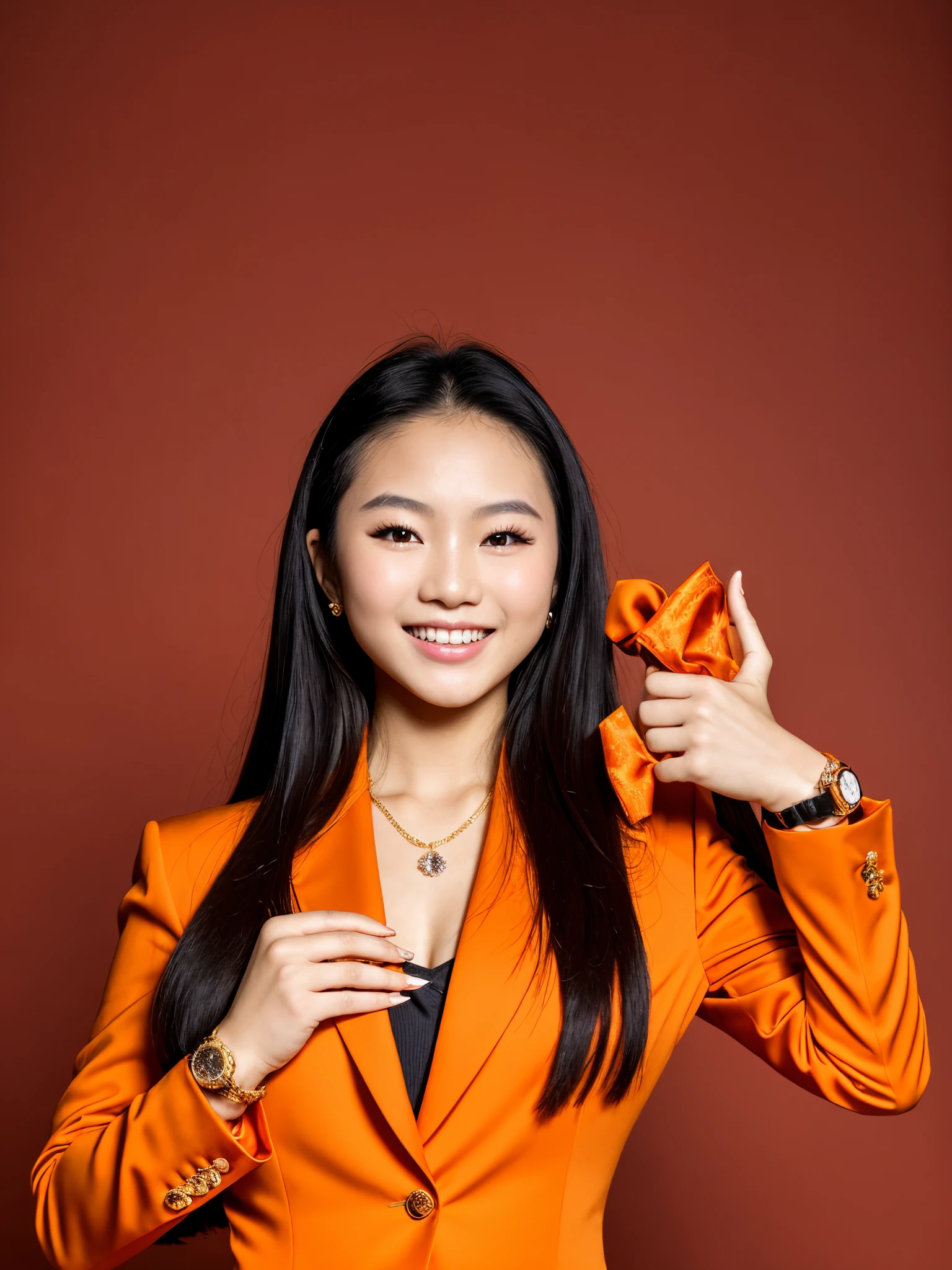 beautiful rich fancy 18 year-old Vietnamese girl, wear a orange suit, smile emotion, studio picture, fancy long black hair, have a fancy watch in left hand