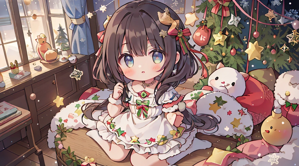 ​masterpiece, top-quality, 1girl in, The upper part of the body, sitting on, shorth hair, , A dark-haired,、Dress like a princess, colourfull、ruffles from above、Christmas atmosphere、Christmas tree、kirakira