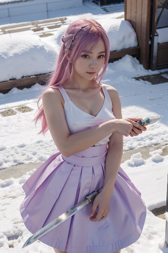 Extreme details, flawless, aerial view, like a work of art, anime girl holding ice and snow sword, pink hair and purple long skirt complement each other, gazing at the distant Ayaka Genshin, leading us into the world of Genshin.