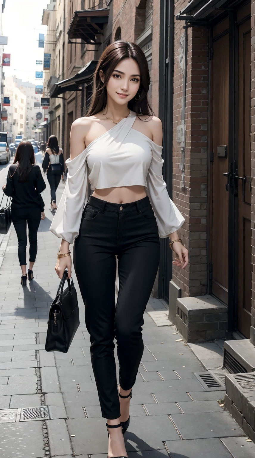 25 year old arab woman、Brown hair、black eyes、Semi-long、setting hair、Slender but well-proportioned muscular body、a smile、She is wearing a one-shoulder top with a logo on it.、Wearing high heels、I'm wearing low rise pants、in the brick old part of the city、The ground is cobblestone、a smile、Breasts are big、Walking