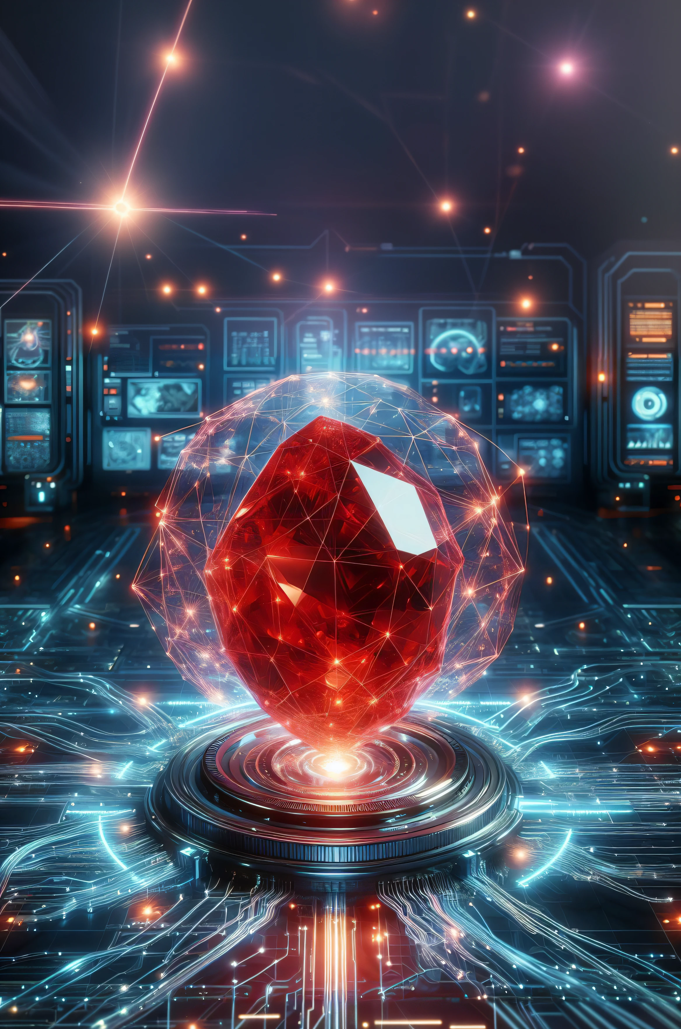 A philosopher'stone with ultra-realistic technology in the center of a futuristic hacker laboratory, um cristal vermelho escarlate, a Pedra Filosofal, brilha intensamente. Technological threads, like pulsing veins of information, emergem do cristal, connecting it to various devices around. Hologramas detalhados, representing analytics and data, are designed from the crystal, creating a halo of light and information. Thread-like graphics connect in a complex pattern around the crystal, forming an intricate network that appears to be in constant flux and change.