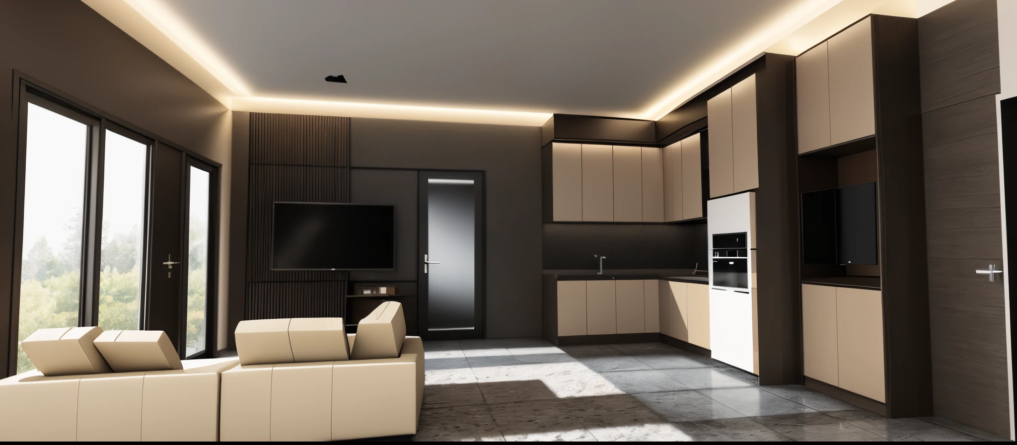 Modern room design, (super dark brown wood tone), 1 light tone sofa, opposite TV, 1 light tone TV cabinet, light tone board hangs TV, slatted cladding background behind TV, gray tone concrete effect TV wall,  ceiling recessed LED strip lights, alumium glass door to bacony near TV and on TV wall, next wood L shape kitchen, yellow marble stone  used for kitchen, refrigerator cabinet near kitchen up to ceiling, shoe cabinet near refrigerator cabinet, wood main door near shoe cabinet, white dining tulip table, 4 dining chairs, 1 circle tea table, 1 ceiling fan, light oak herringbone floor, (white tone), (Masterpiece, best quality, 8k uhd, dslr, soft lighting, high quality, hyper detail, film grain, Fujifilm XT3, UE 5 render 8k, super high resolution, supper detail:1.2), (((elegant feeling)))