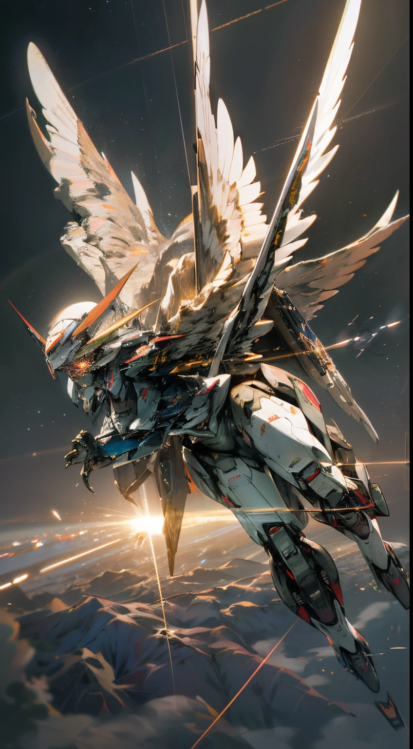 ((Best quality)), ((masterpiece)), (highly detailed:1.3), 3D, beautiful, (cyberpunk:1.2), in space, nebula, holding_weapon, (1Female mecha:1.3), facing the viewer, glowing eyes, full body, (flying, swooping down, dynamic, motion blur: 1.4), (huge mecha wings: 1.6), looking up, glowing_eyes, mecha, panorama, background earth, nebula, space, particles, reality, HDR (High Dynamic Range), Ray Tracing, NVIDIA RTX, Super Resolution, Unreal 5, Subsurface Scattering, PBR Texturing, Post Processing, Anisotropic Filtering, Depth of Field, Maximum Clarity and Clarity, Multilayer Textures, Albedo and Specular map, Surface shading, accurate simulation of light-material interaction, perfect proportion, Octane Render, two-tone lighting, large aperture, low ISO, white balance, rule of thirds, 8K RAW, efficient sub-pixel, sub-pixel convolution,