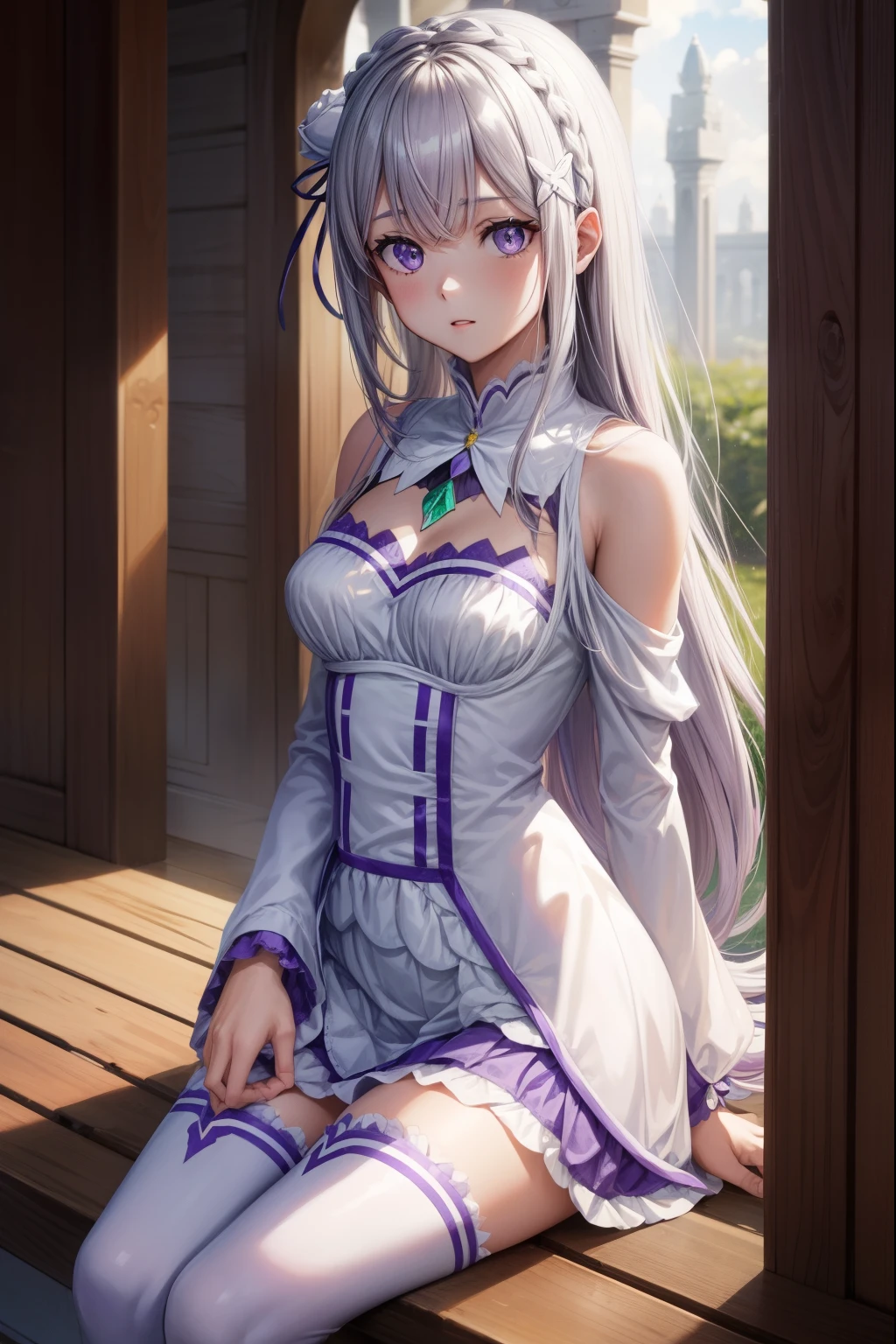 RezeroEmilia, Emilia, trenza, Trenza de corona, Flor, flor del cabello, adorno para el cabello, cinta para el cabello, Cabello largo, orejas puntiagudas, (purple eyes:1.2), cana, x adorno para el cabello,
Collar separado QUEBRAR, Mangas separadas, mangas con volantes, Volantes, mangas largas, minifalda, falda plisada, cinta, falda, muslosaltos, falda blanca, Mangas blancas, muslos blancos, mangas anchas, Zettai Ryouiki,
DESCANSO al aire libre, Ciudad,
DESCANSO mirando al espectador, QUEBRAR (Obra maestra:1.2), La mejor calidad, High resolution, Unidad 8K Fondo de pantalla, (插圖:0.8), (hermosos ojos detallados:1.6), Cara extremadamente detallada, Perfect lighting, CG extremadamente detallado, (Manos perfectas, Perfect anatomy),