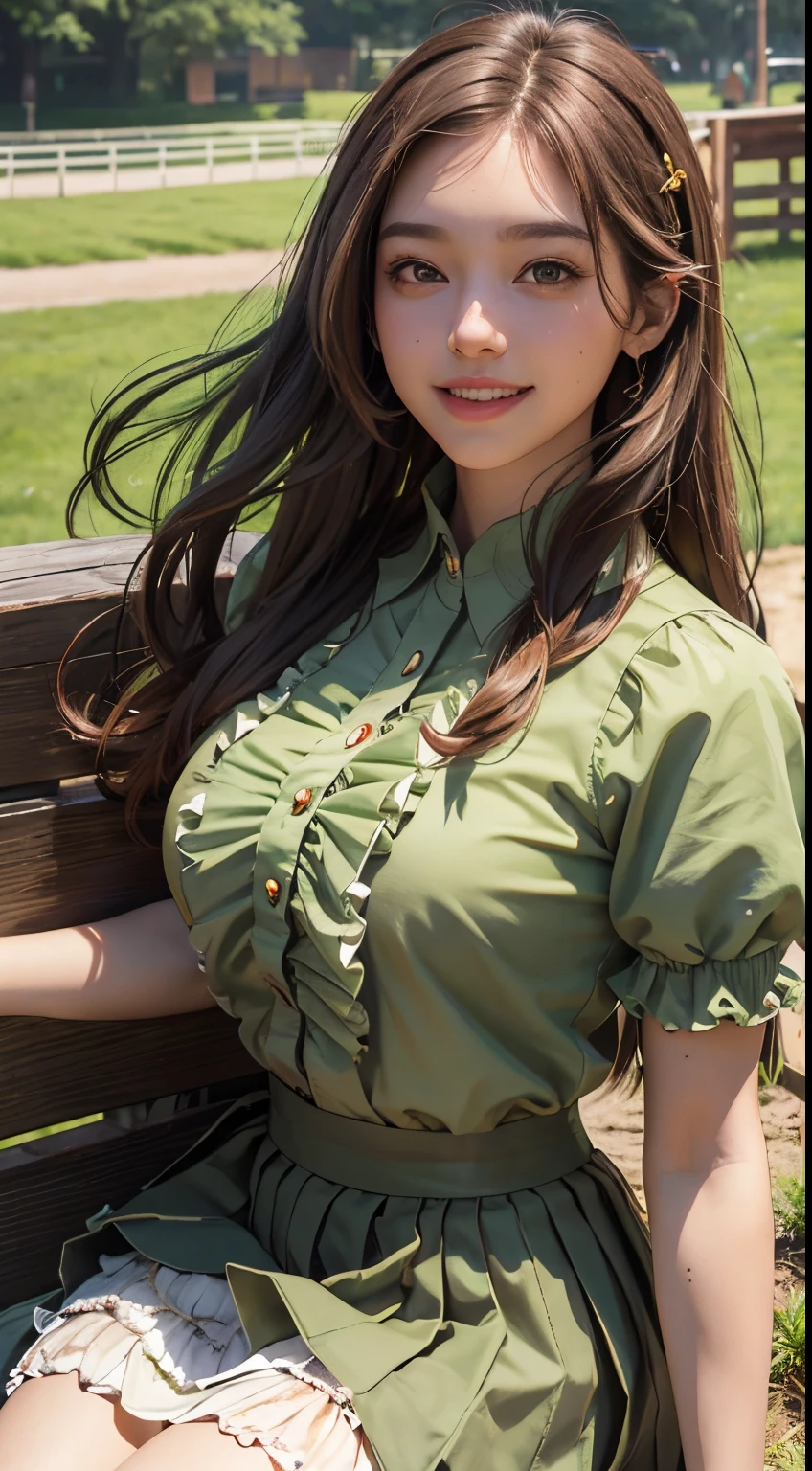1个Giant Breast Girl, Alone, fresh beans, Horse girl, Horse Ear, horse tailed, Brown eyes, Brown hair, long whitr hair, light smile, Ear arch, skirt with frills, Green skirt, high waisted skirt, puffy short sleeves, thin, Elongated, (:0.8)