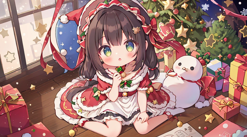 masterpiece, top-quality, 1girl in, The upper part of the body, sitting on, shorth hair, , A dark-haired,、Wearing a Santa hat、Dress like a princess, colourfull、ruffles from above、Christmas atmosphere、Christmas tree、kirakira